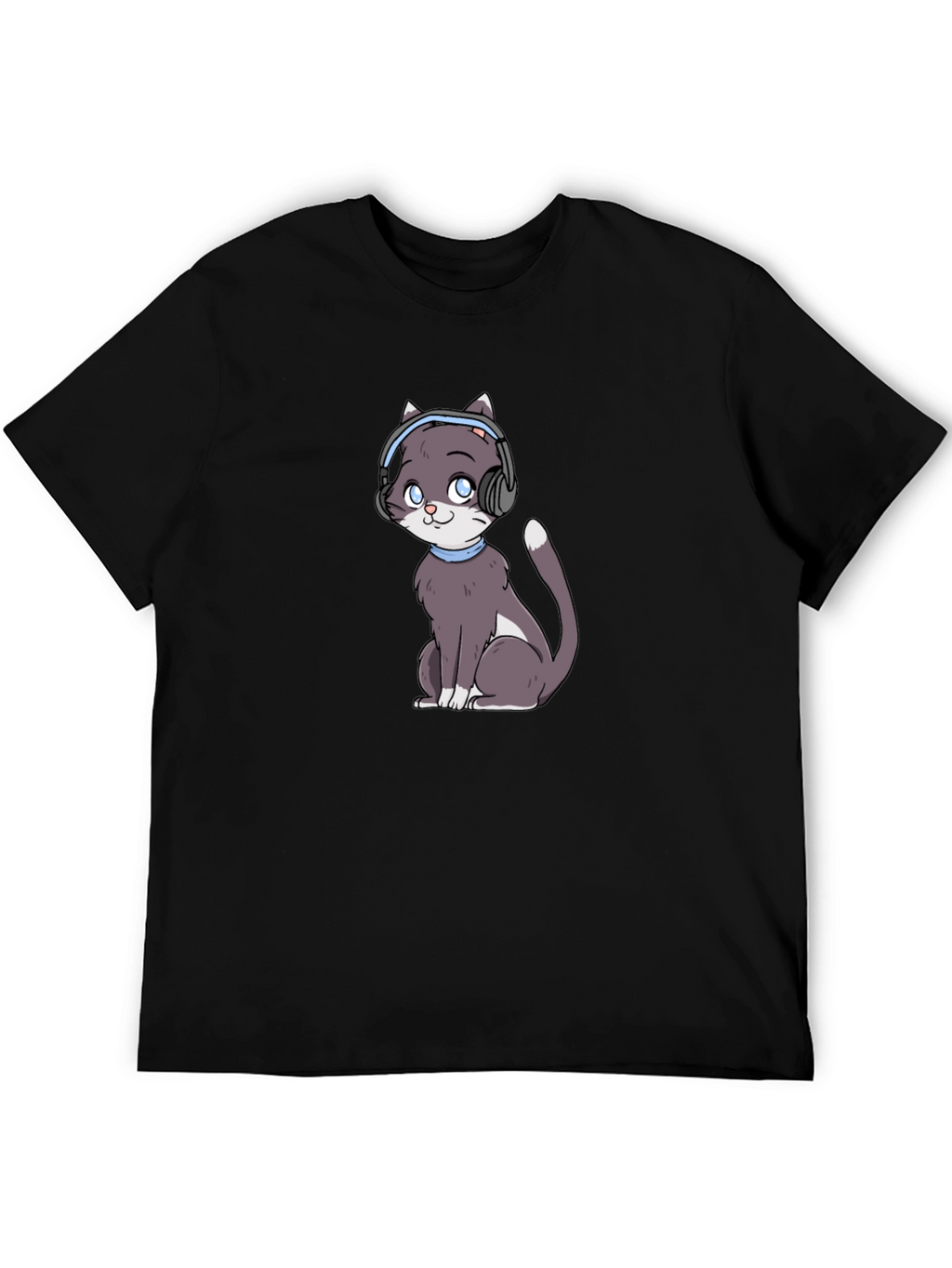 Cat with Headphones Black T-Shirt