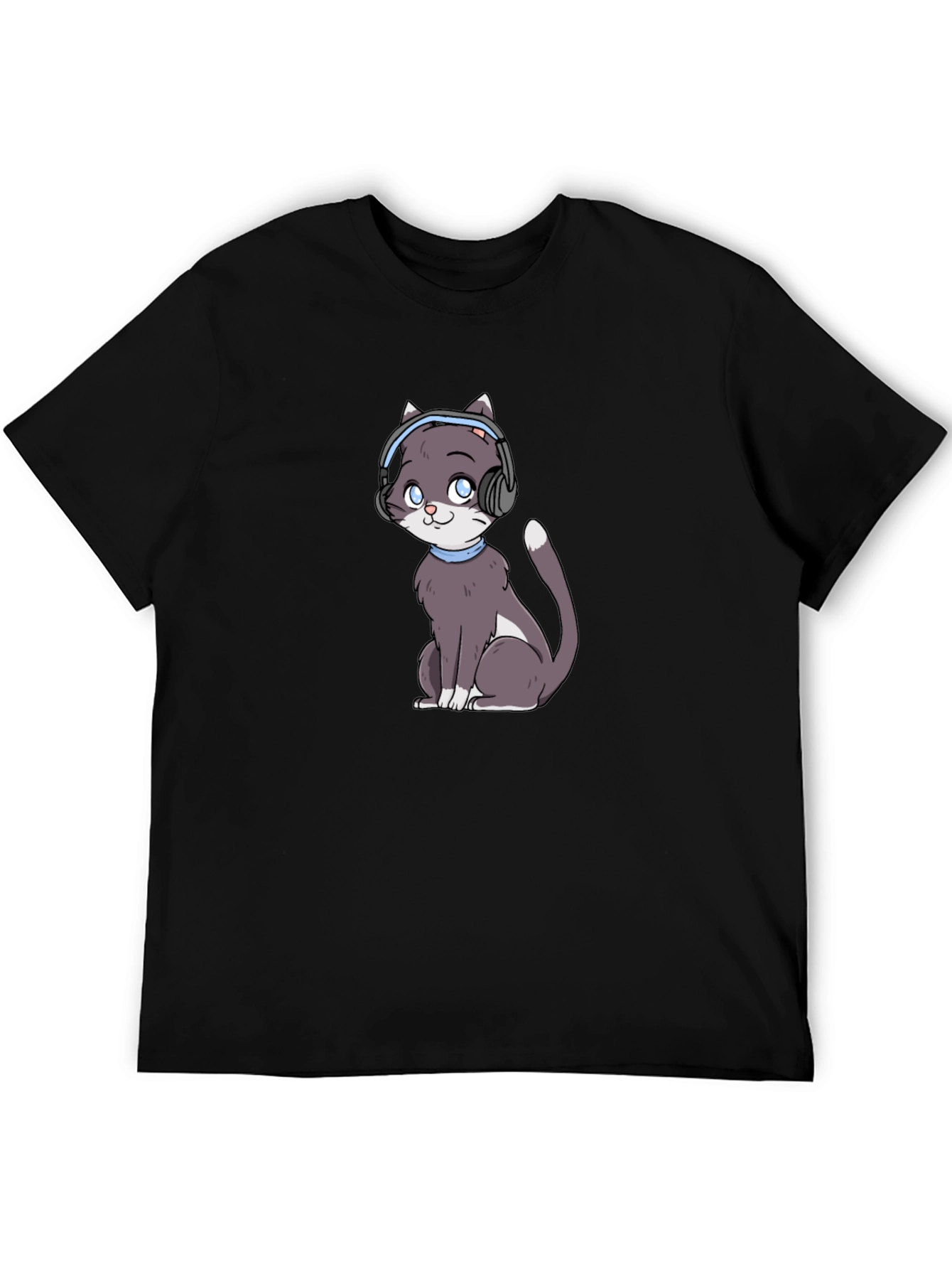 Cat with Headphones Black T-Shirt