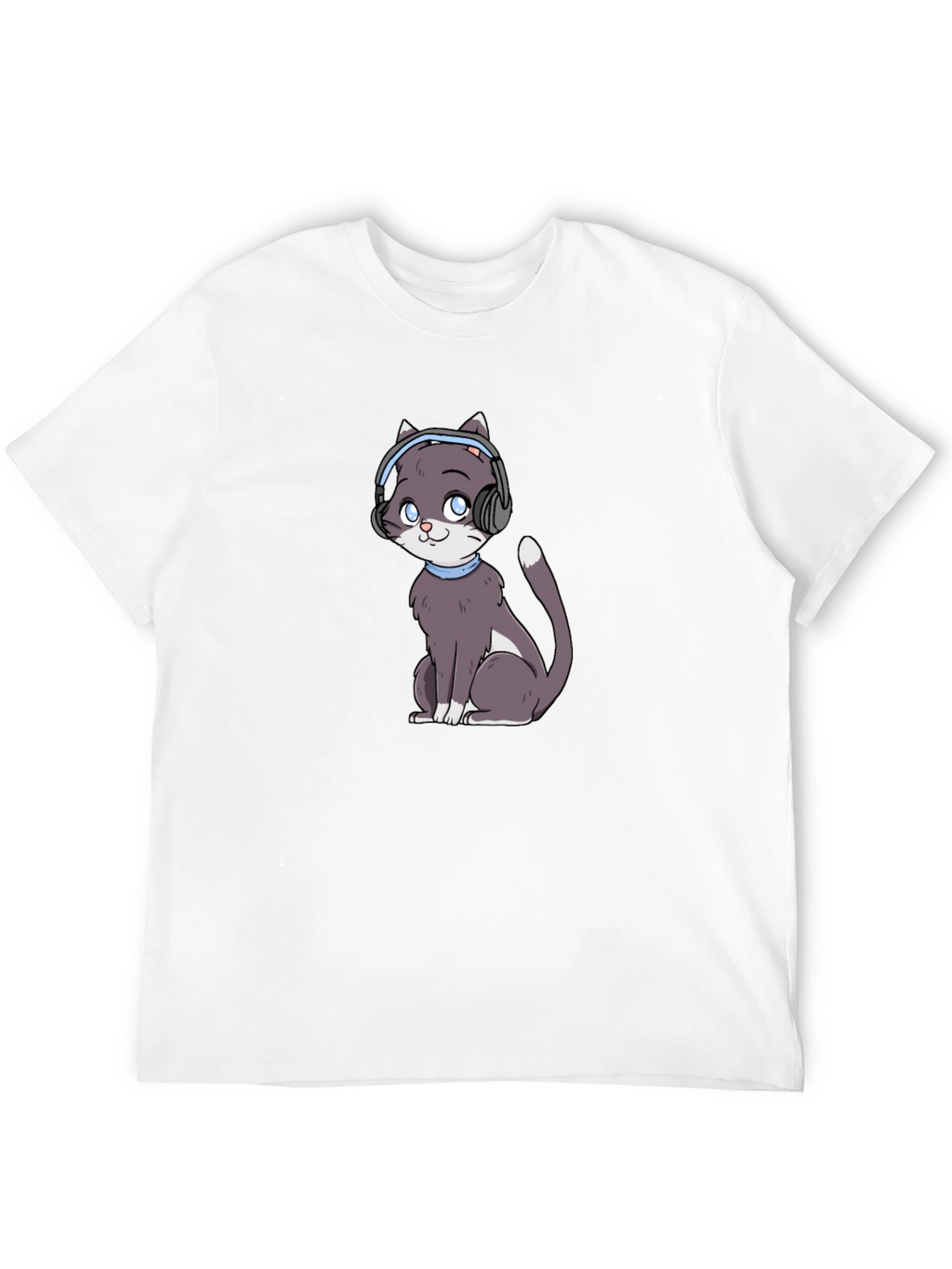 Cat with Headphones Black T-Shirt