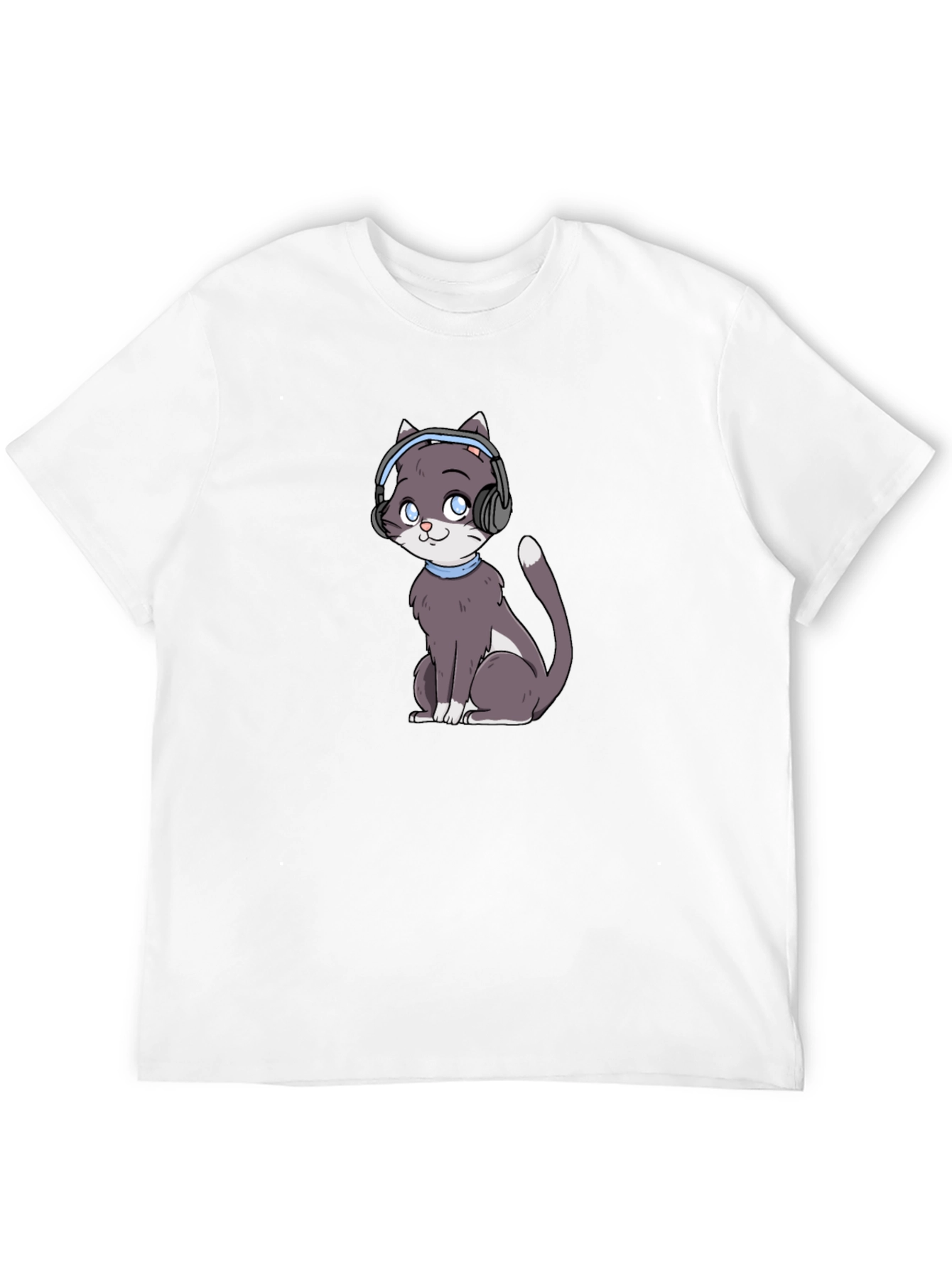 Cat with Headphones Black T-Shirt