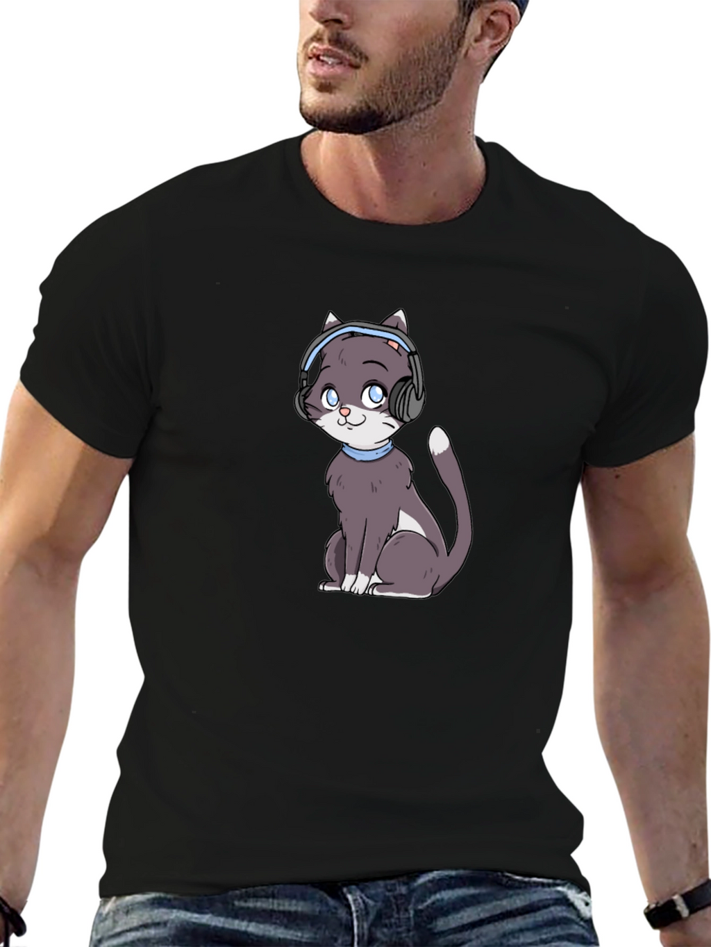 Cat with Headphones Black T-Shirt