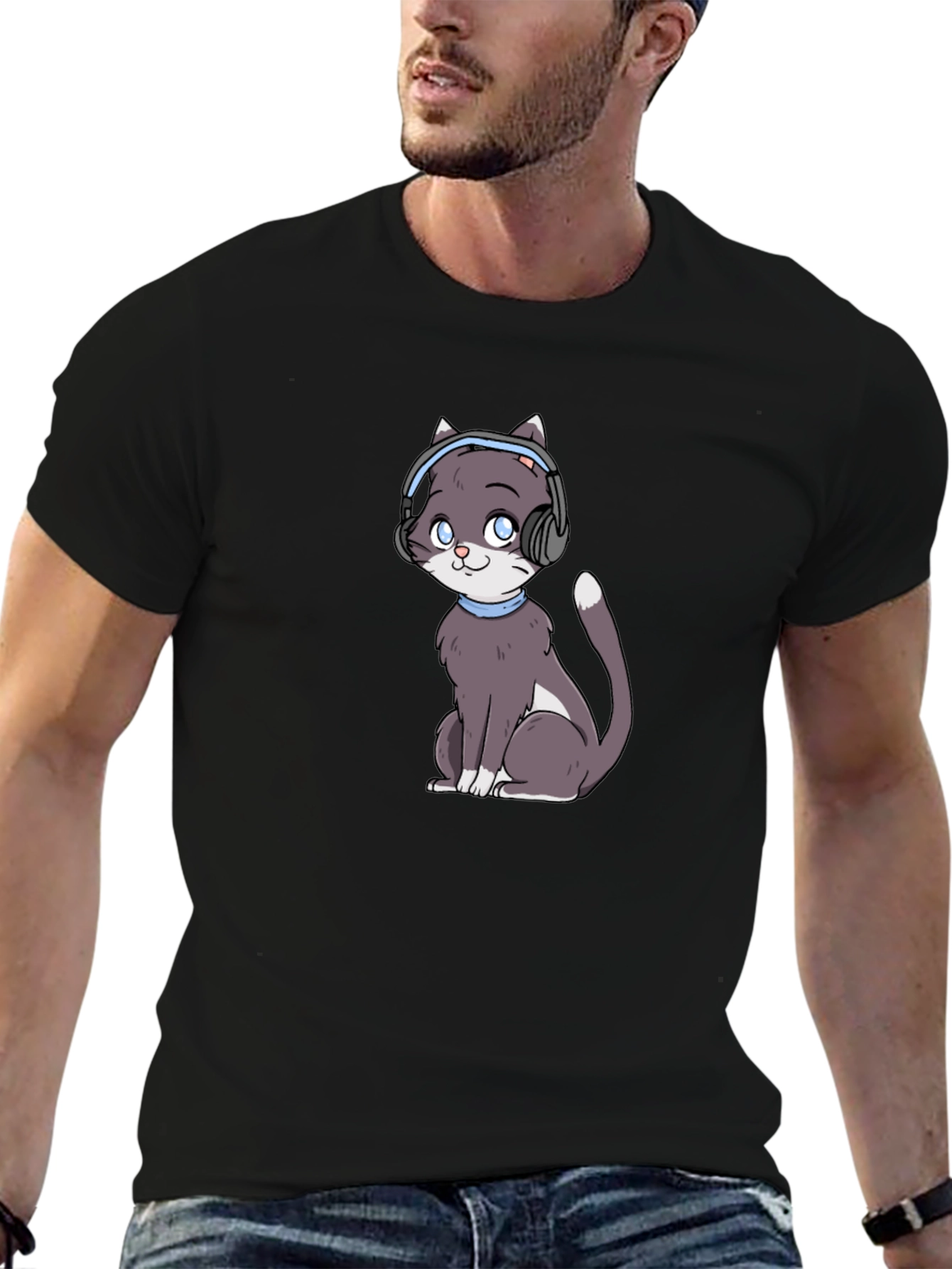 Cat with Headphones Black T-Shirt