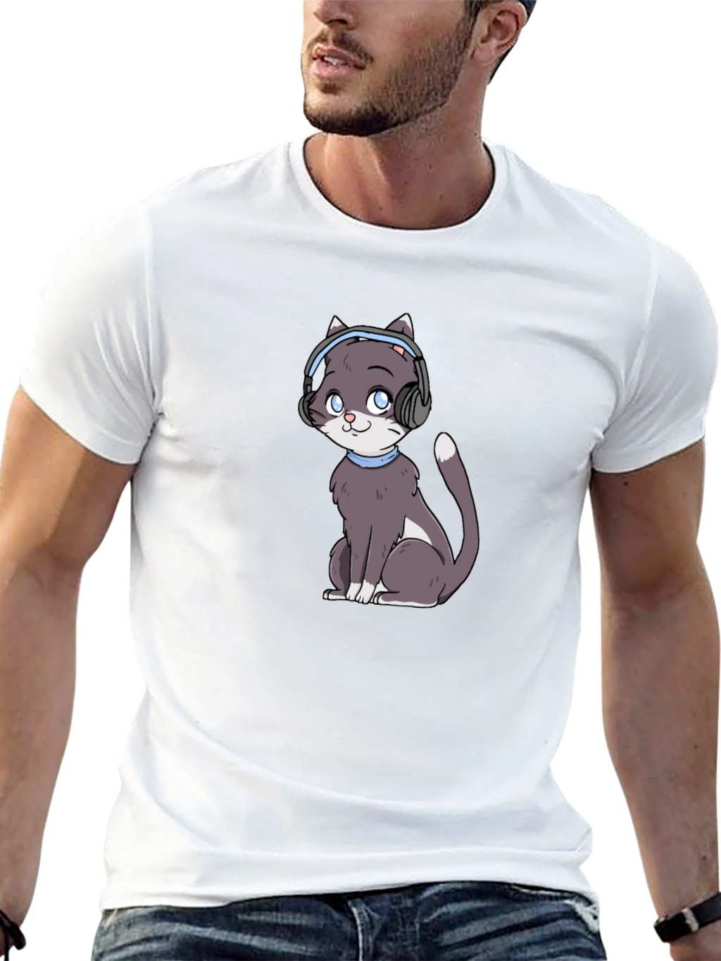 Cat with Headphones Black T-Shirt