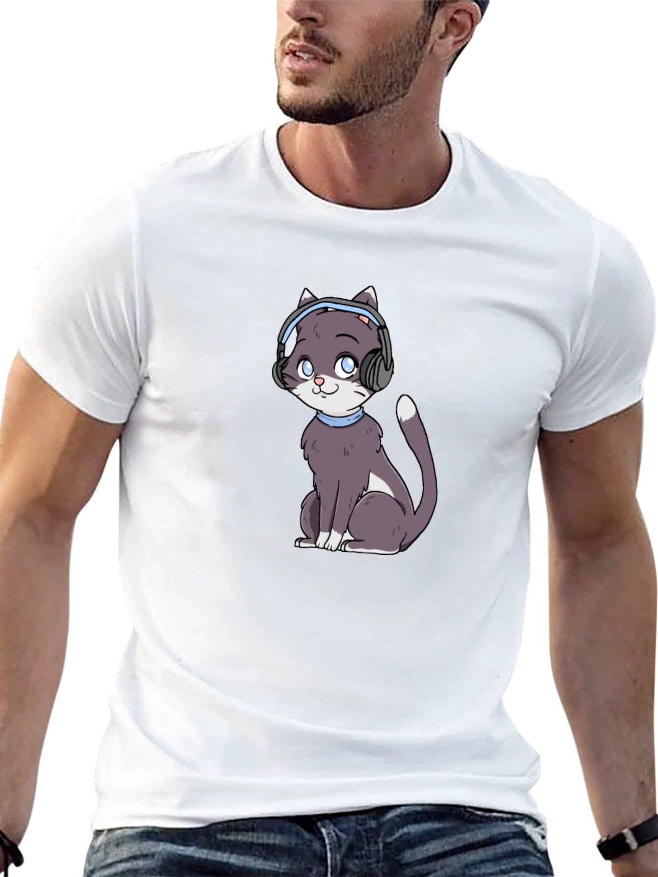 Cat with Headphones Black T-Shirt