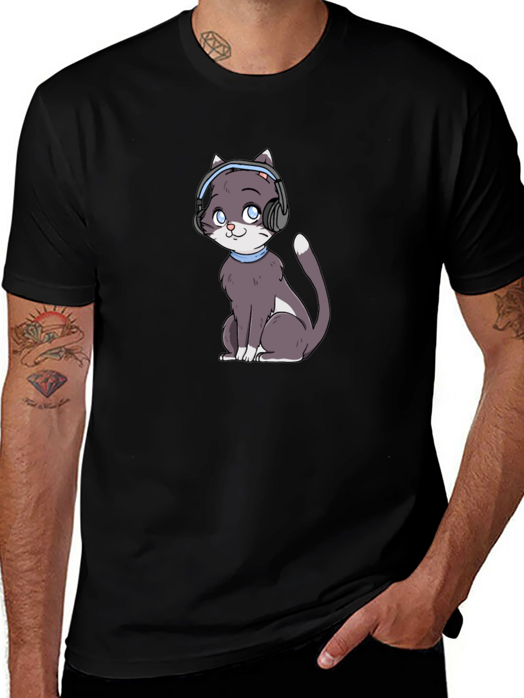 Cat with Headphones Black T-Shirt