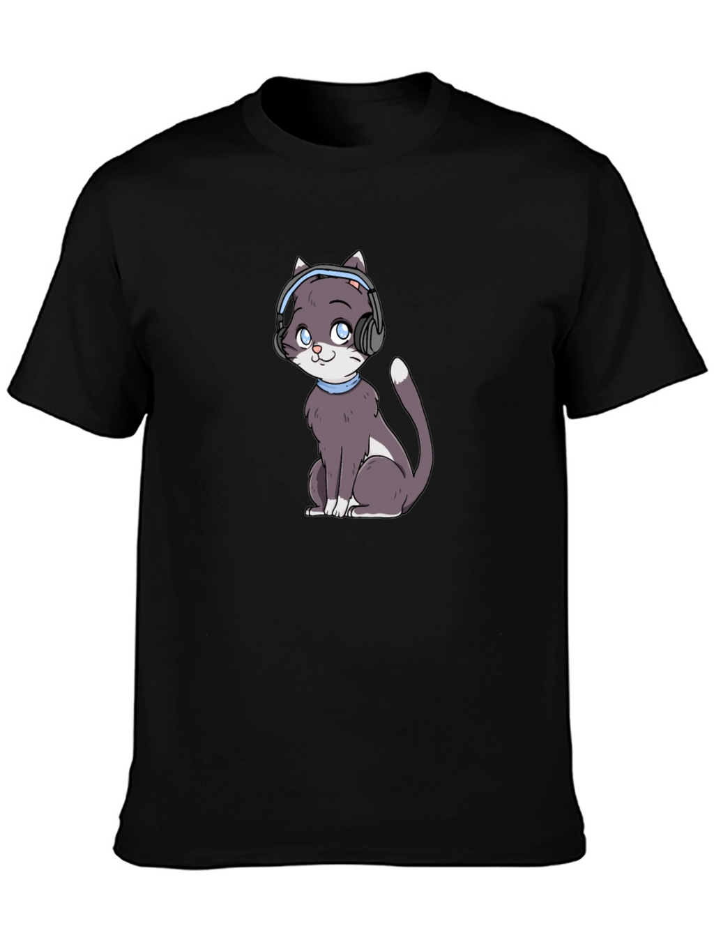 Cat with Headphones Black T-Shirt