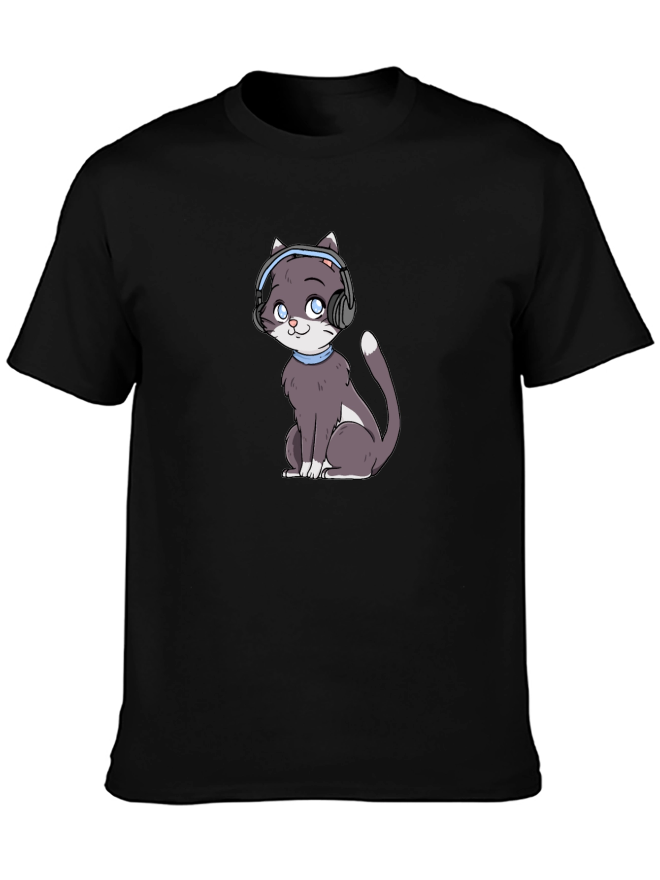 Cat with Headphones Black T-Shirt