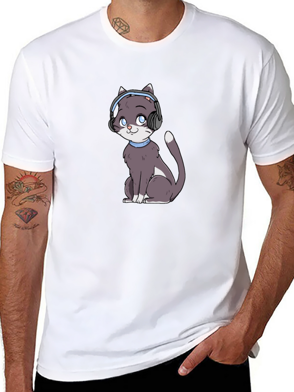 Cat with Headphones Black T-Shirt