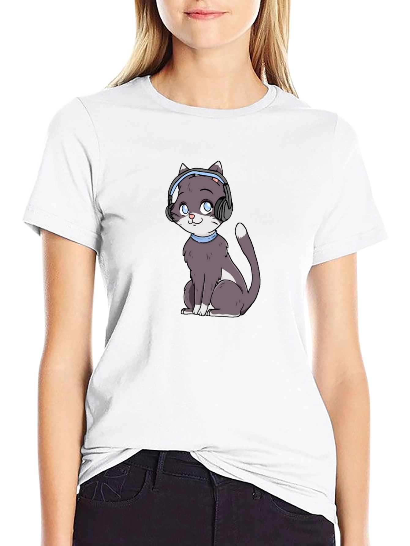 Cat with Headphones Black T-Shirt