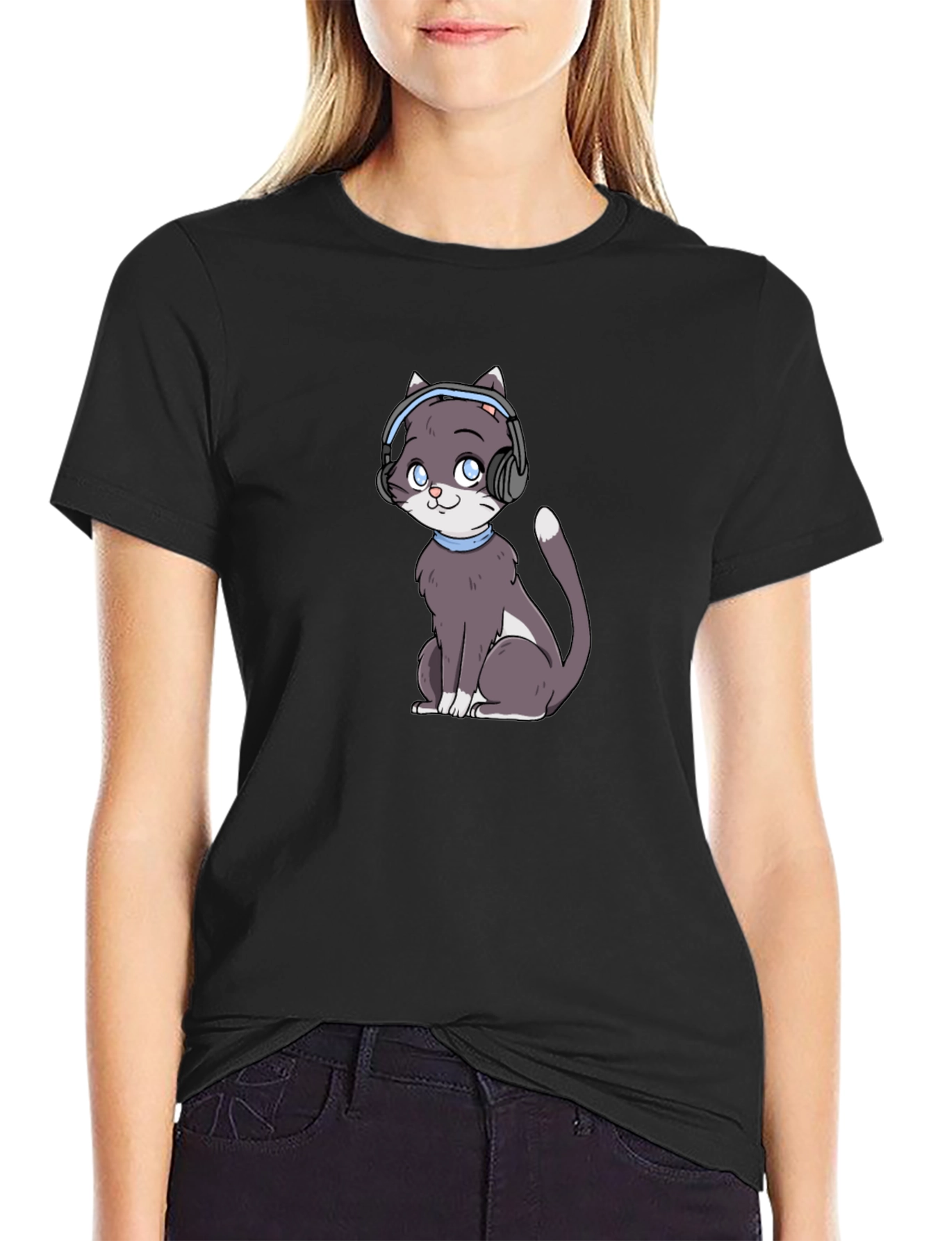 Cat with Headphones Black T-Shirt
