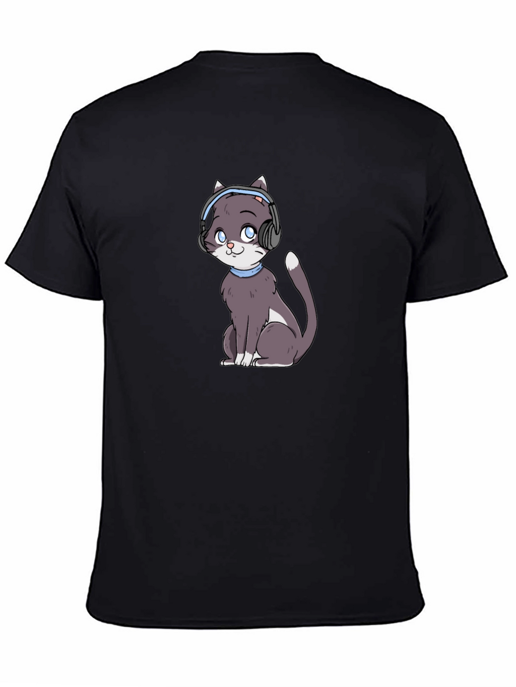 Cat with Headphones Black T-Shirt