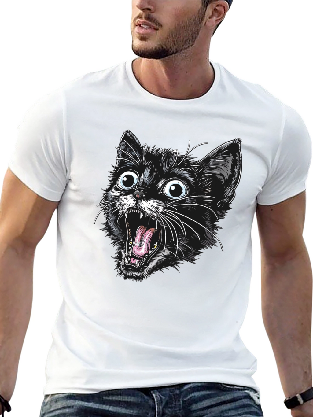 Screaming Cat Graphic Tee - Black Cotton T-Shirt