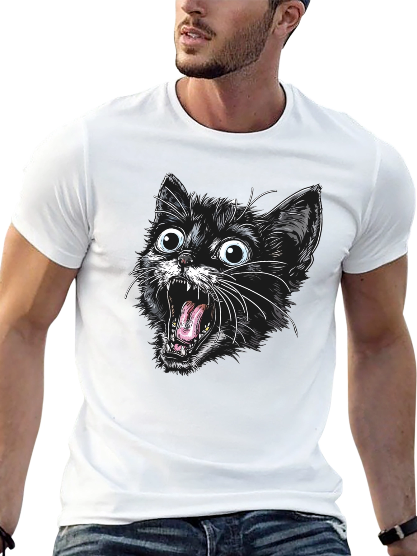 Screaming Cat Graphic Tee - Black Cotton T-Shirt