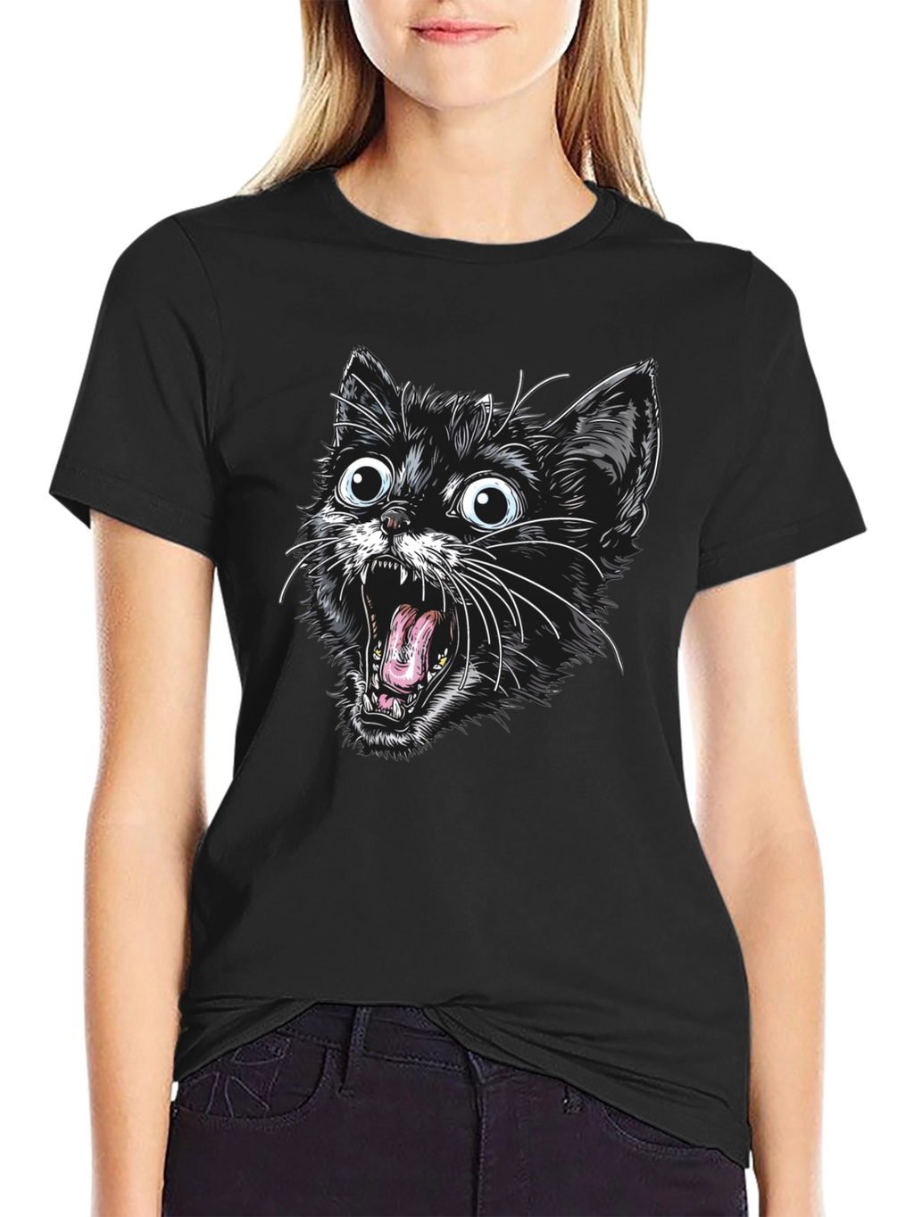 Screaming Cat Graphic Tee - Black Cotton T-Shirt