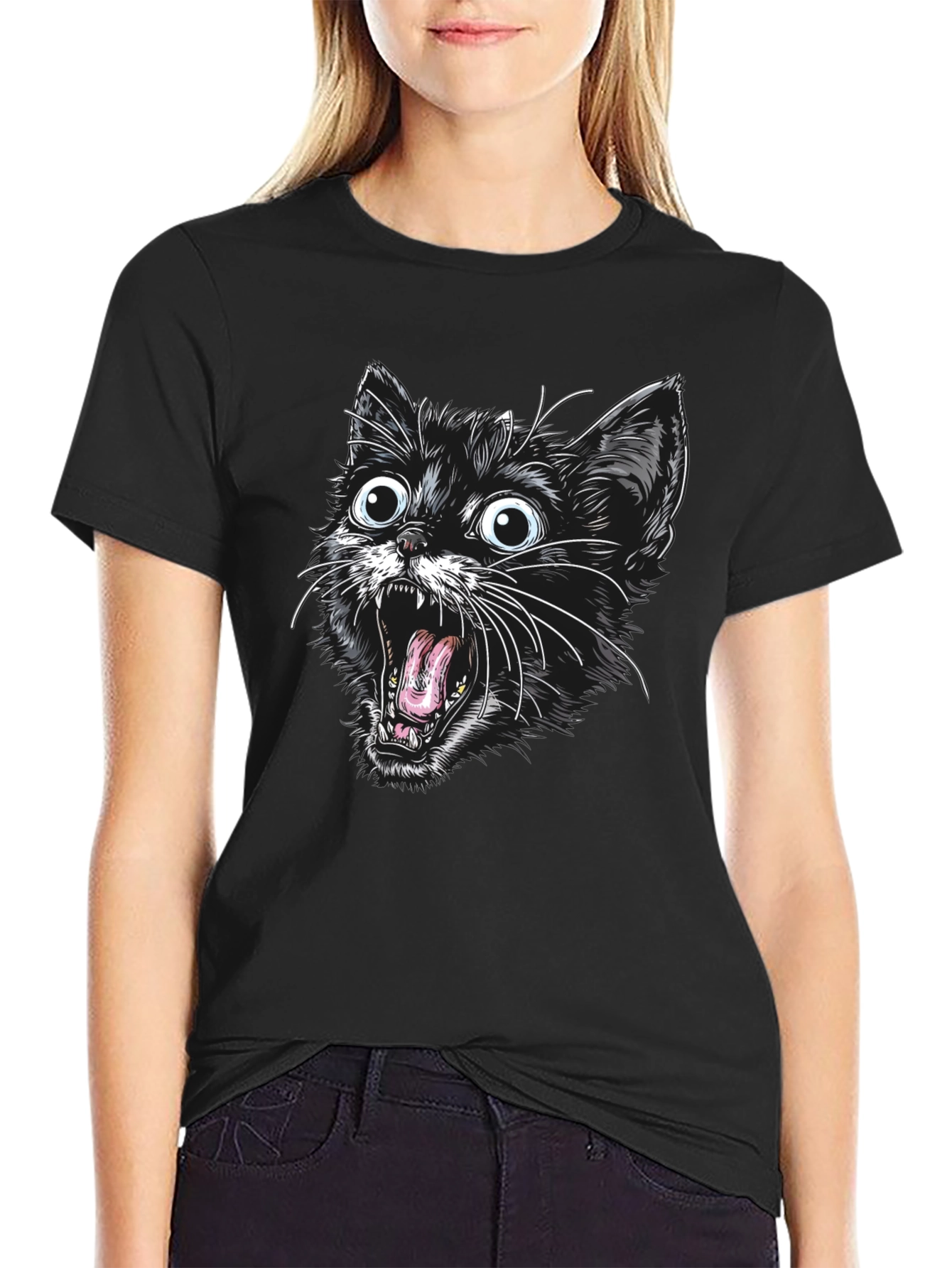 Screaming Cat Graphic Tee - Black Cotton T-Shirt