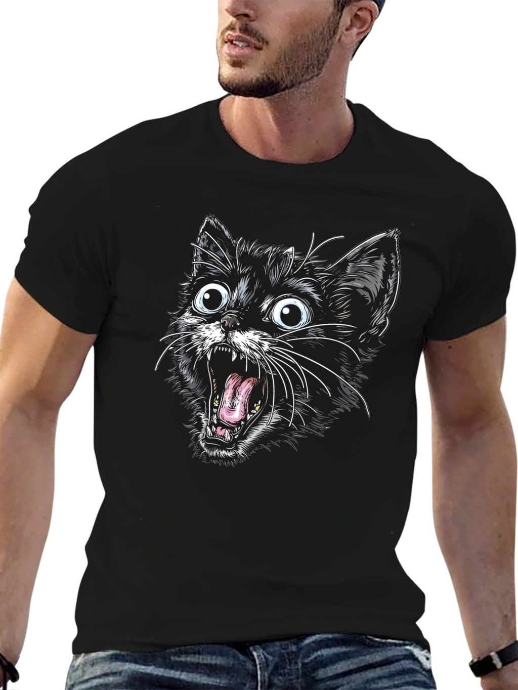 Screaming Cat Graphic Tee - Black Cotton T-Shirt