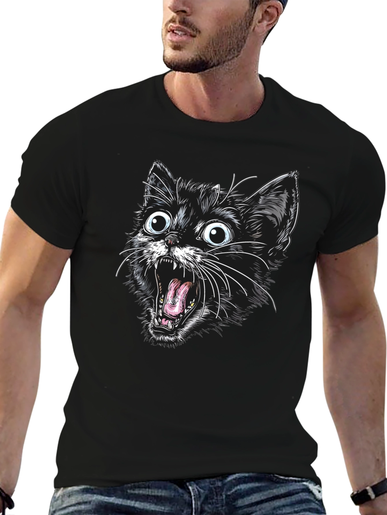 Screaming Cat Graphic Tee - Black Cotton T-Shirt