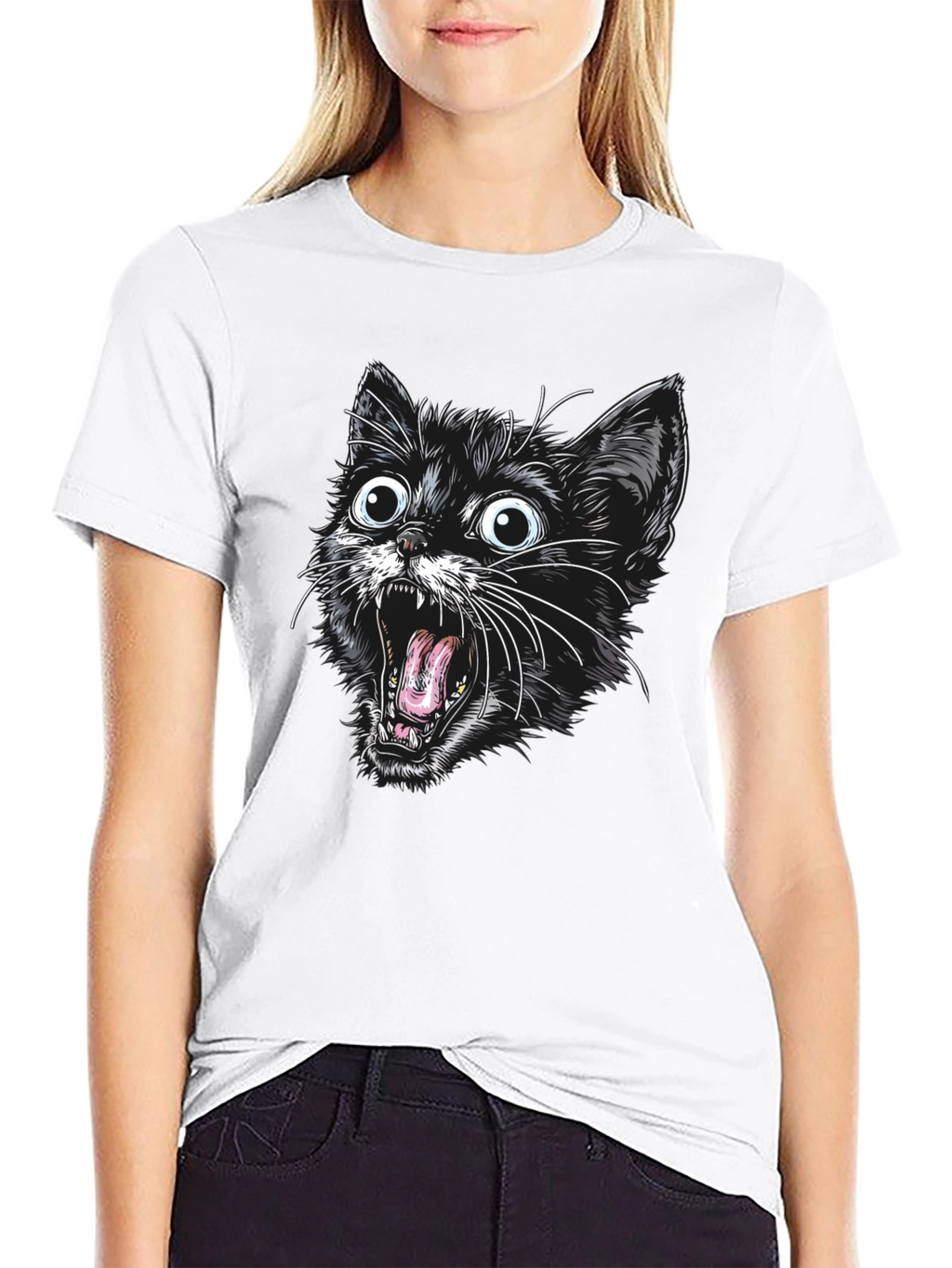 Screaming Cat Graphic Tee - Black Cotton T-Shirt