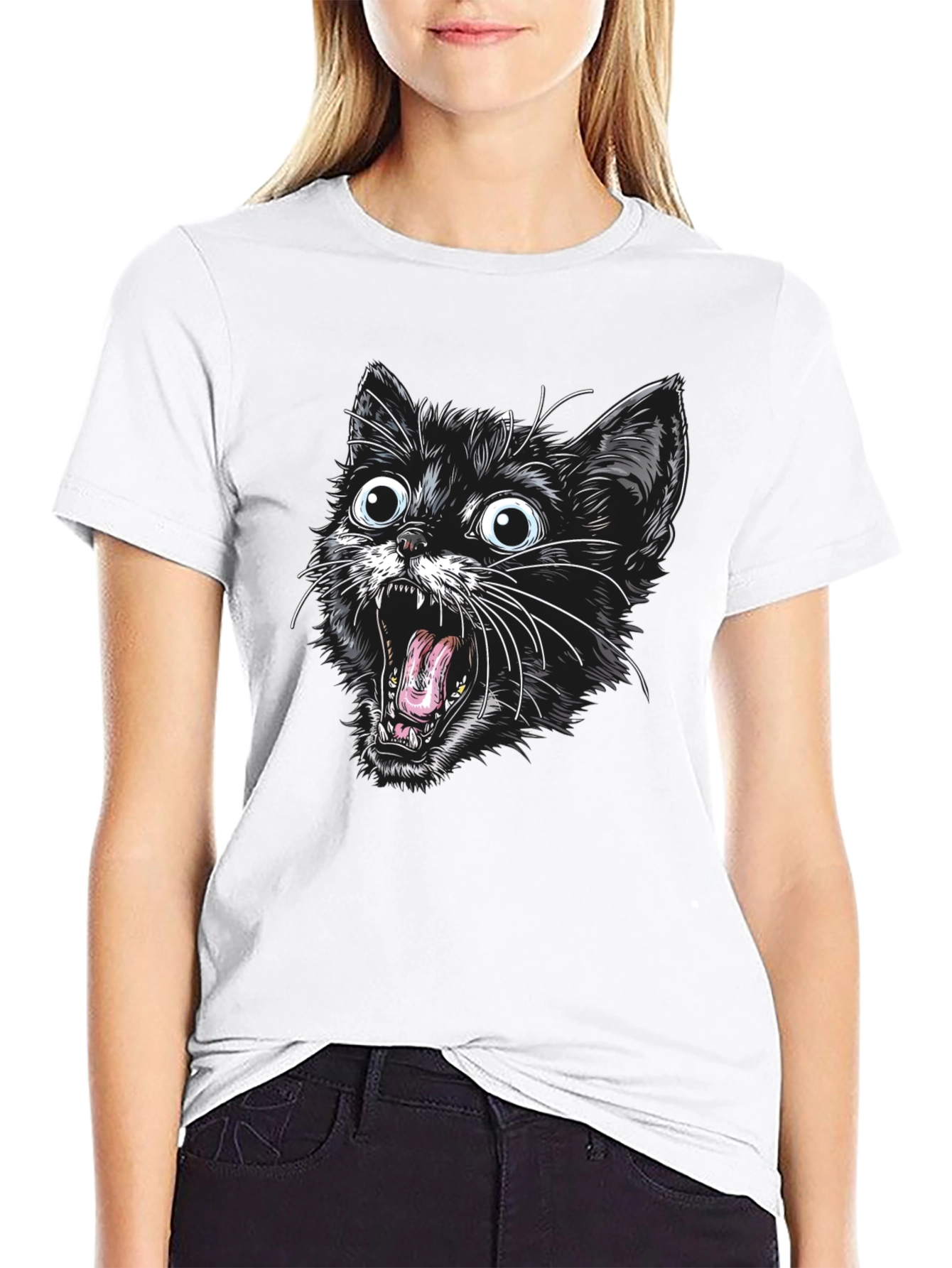 Screaming Cat Graphic Tee - Black Cotton T-Shirt