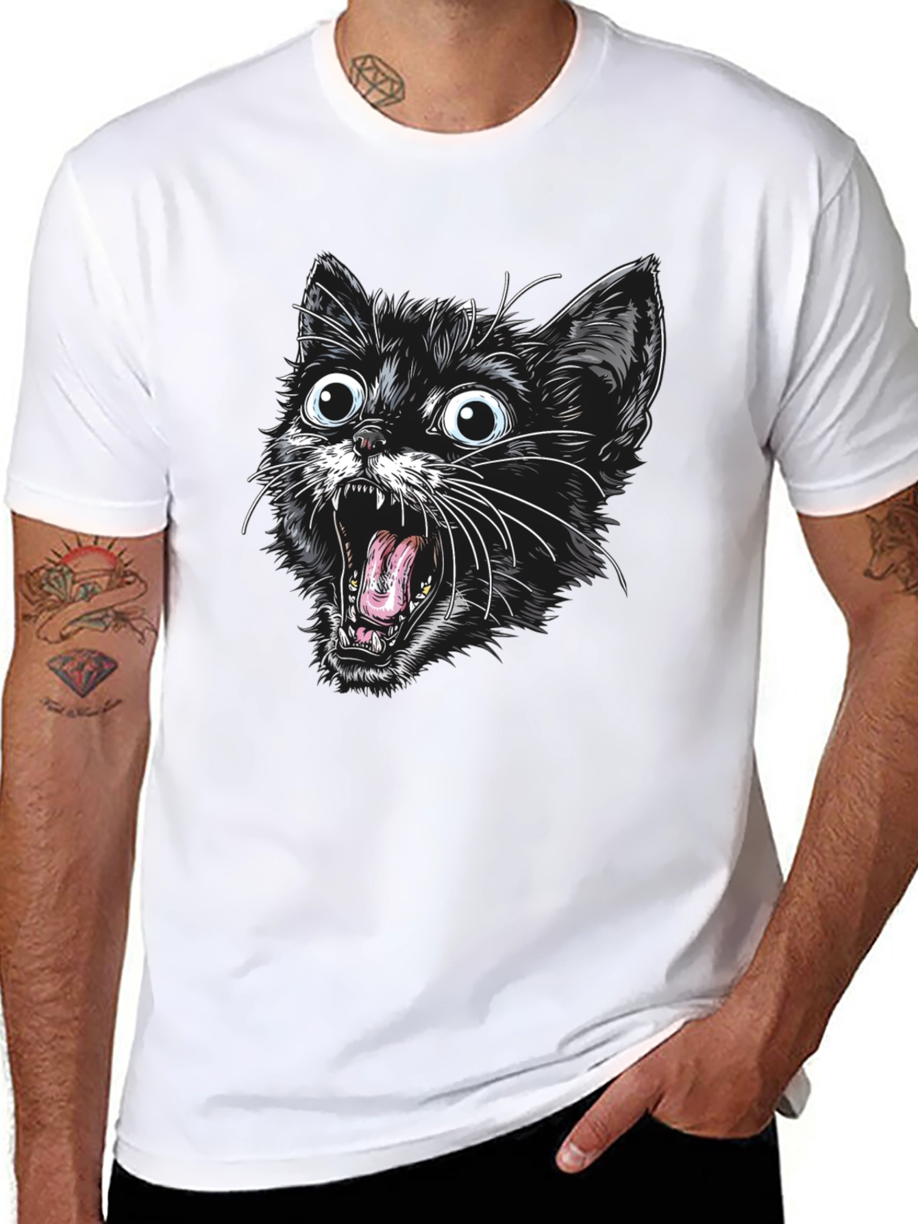 Screaming Cat Graphic Tee - Black Cotton T-Shirt