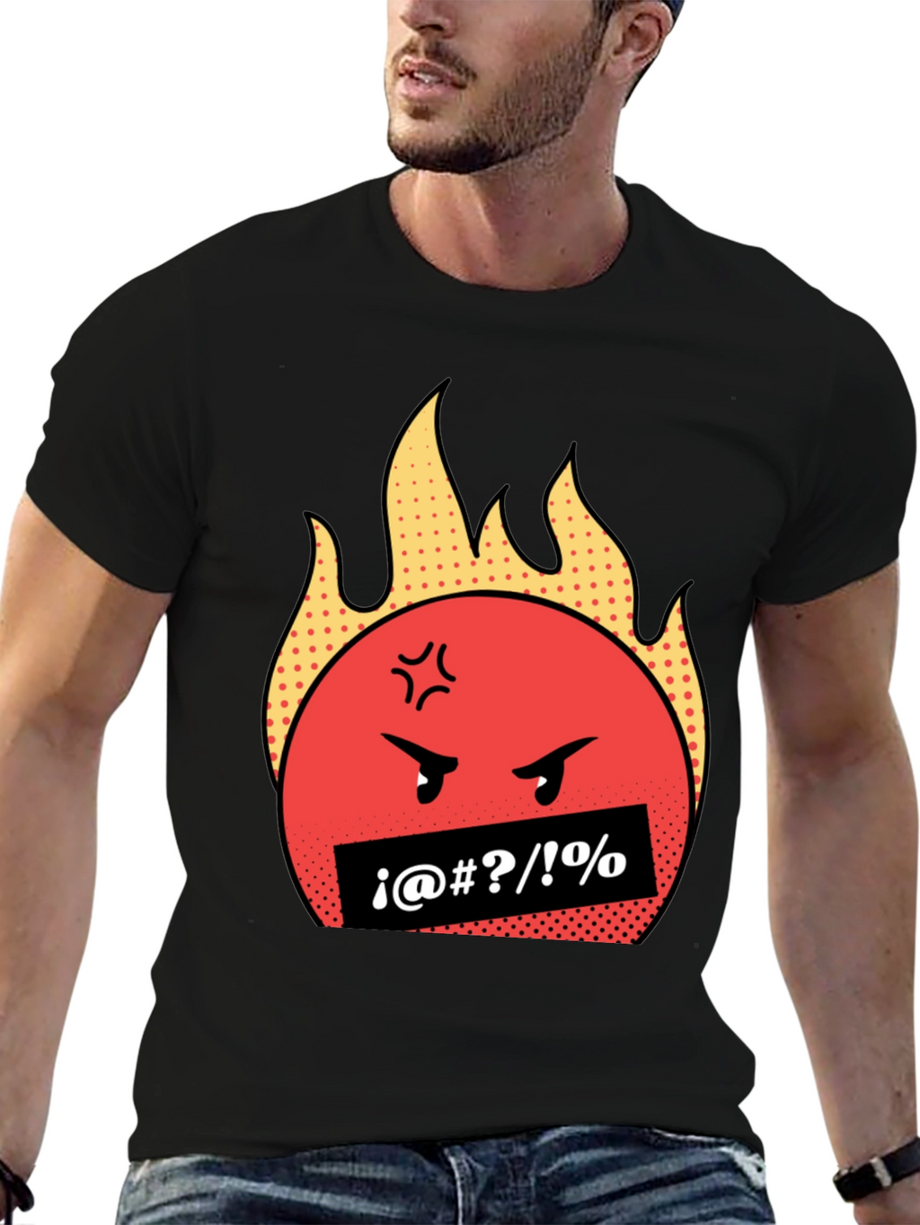 Fiery Rage Emoji Graphic Tee - Black Cotton T-Shirt