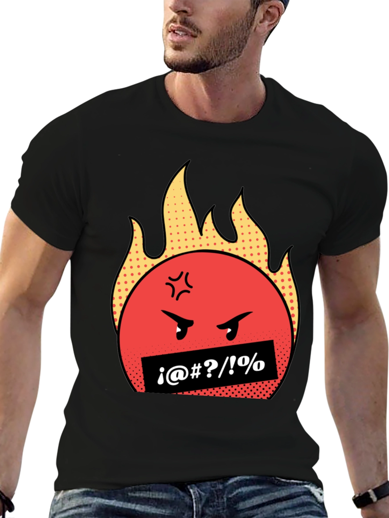 Fiery Rage Emoji Graphic Tee - Black Cotton T-Shirt
