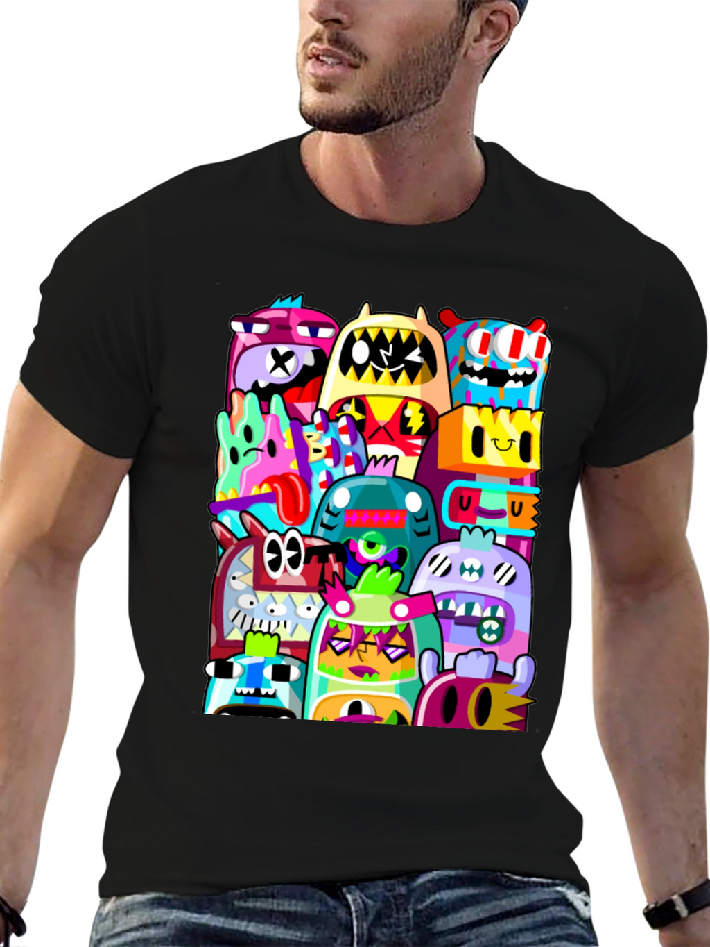 Funky Doodle Monsters Black Graphic T-Shirt