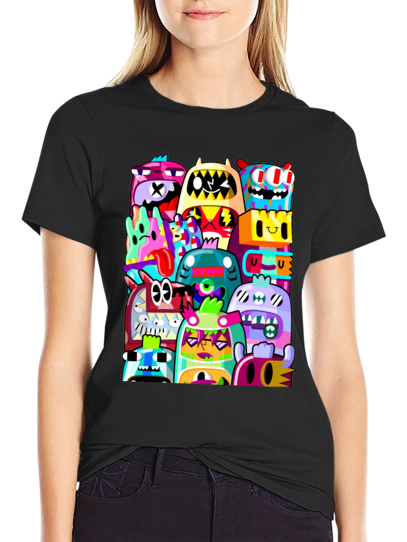 Funky Doodle Monsters Black Graphic T-Shirt