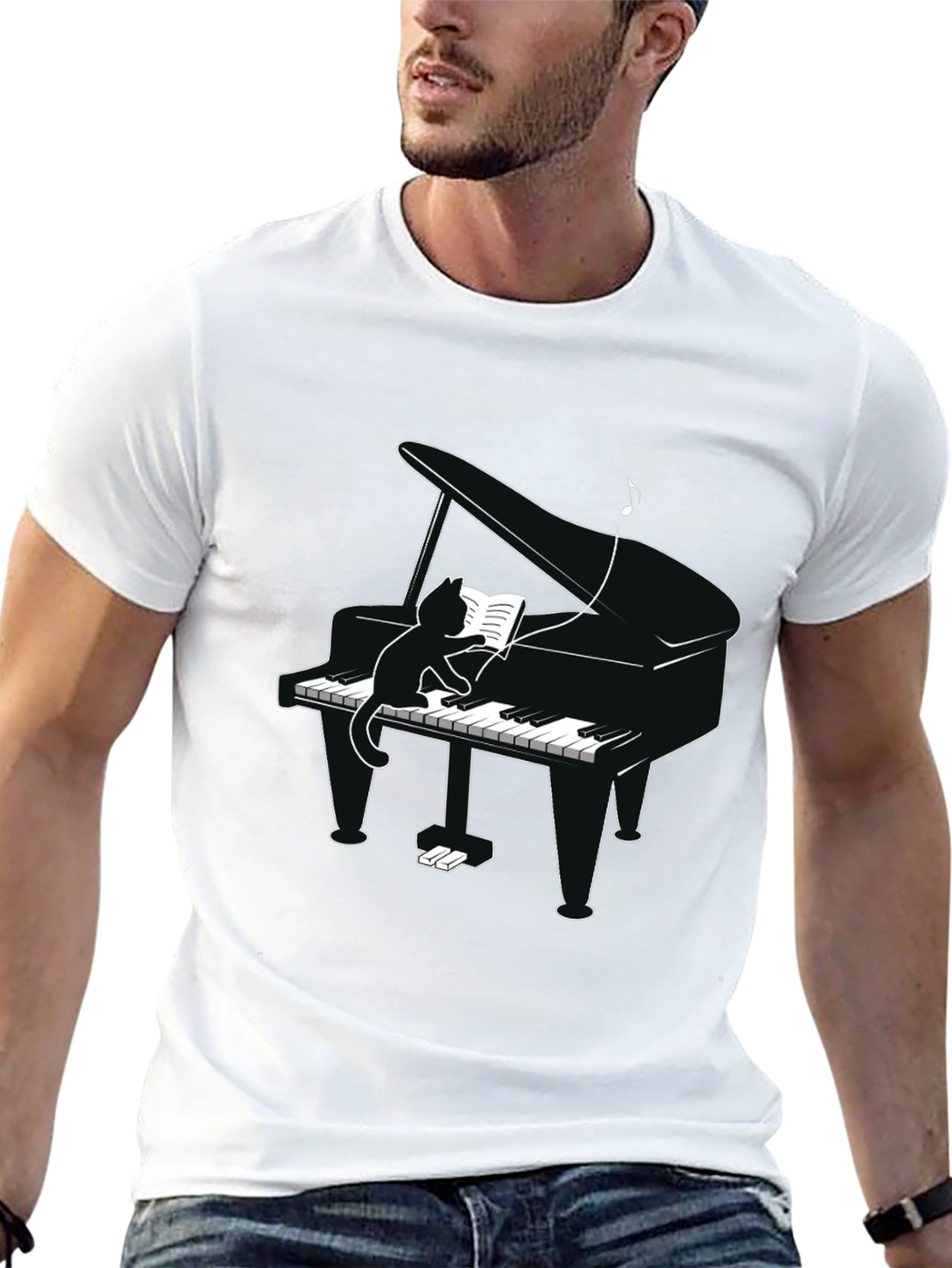 Cat Playing Piano T-Shirt - Novelty Tee