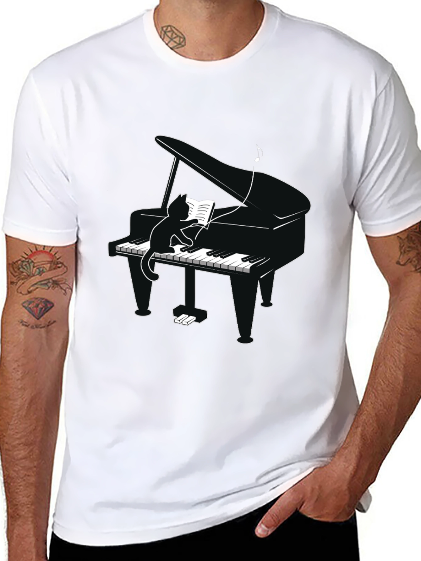 Cat Playing Piano T-Shirt - Novelty Tee