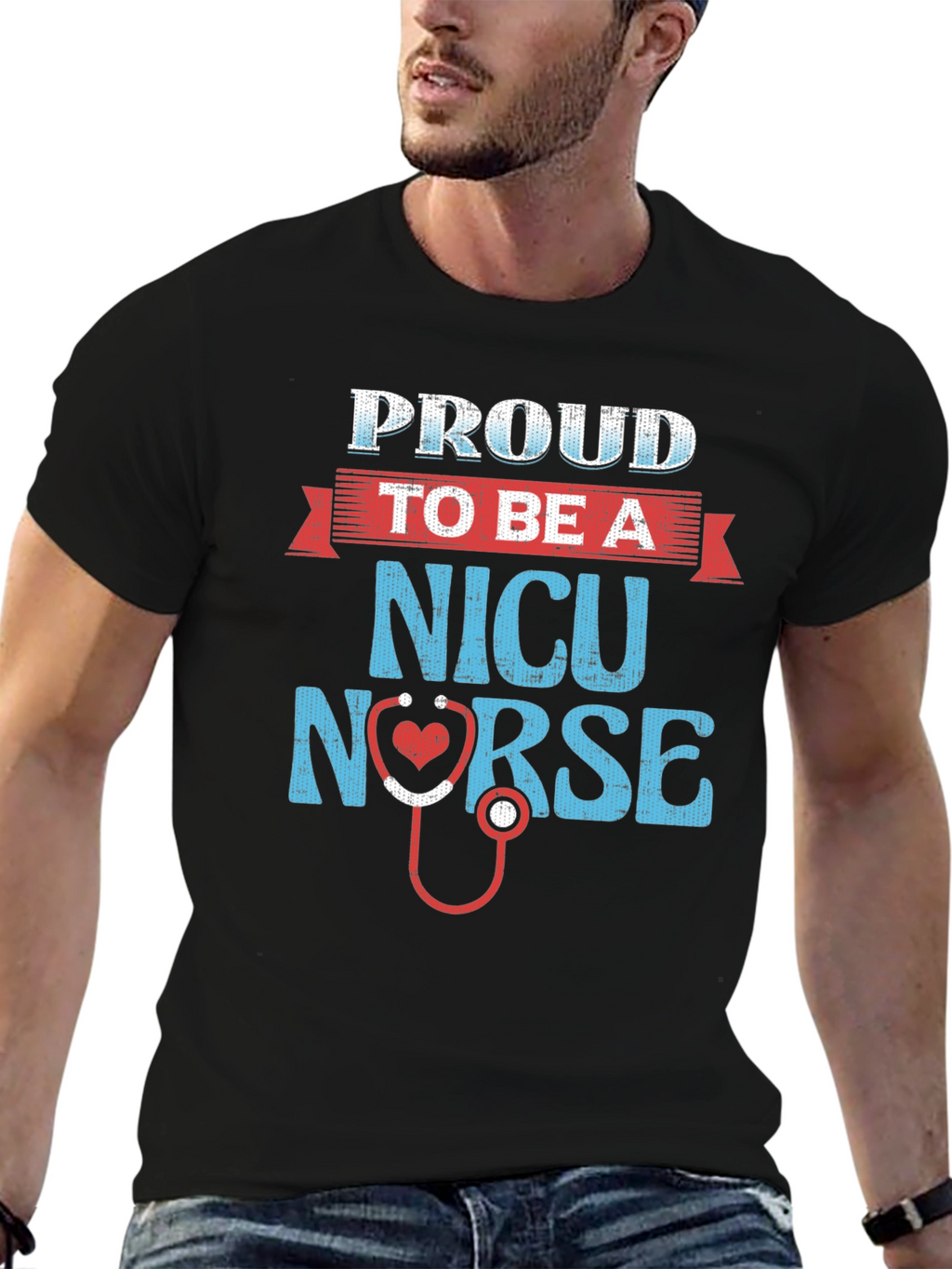 Proud NICU Nurse T-Shirt - Heart Stethoscope Design
