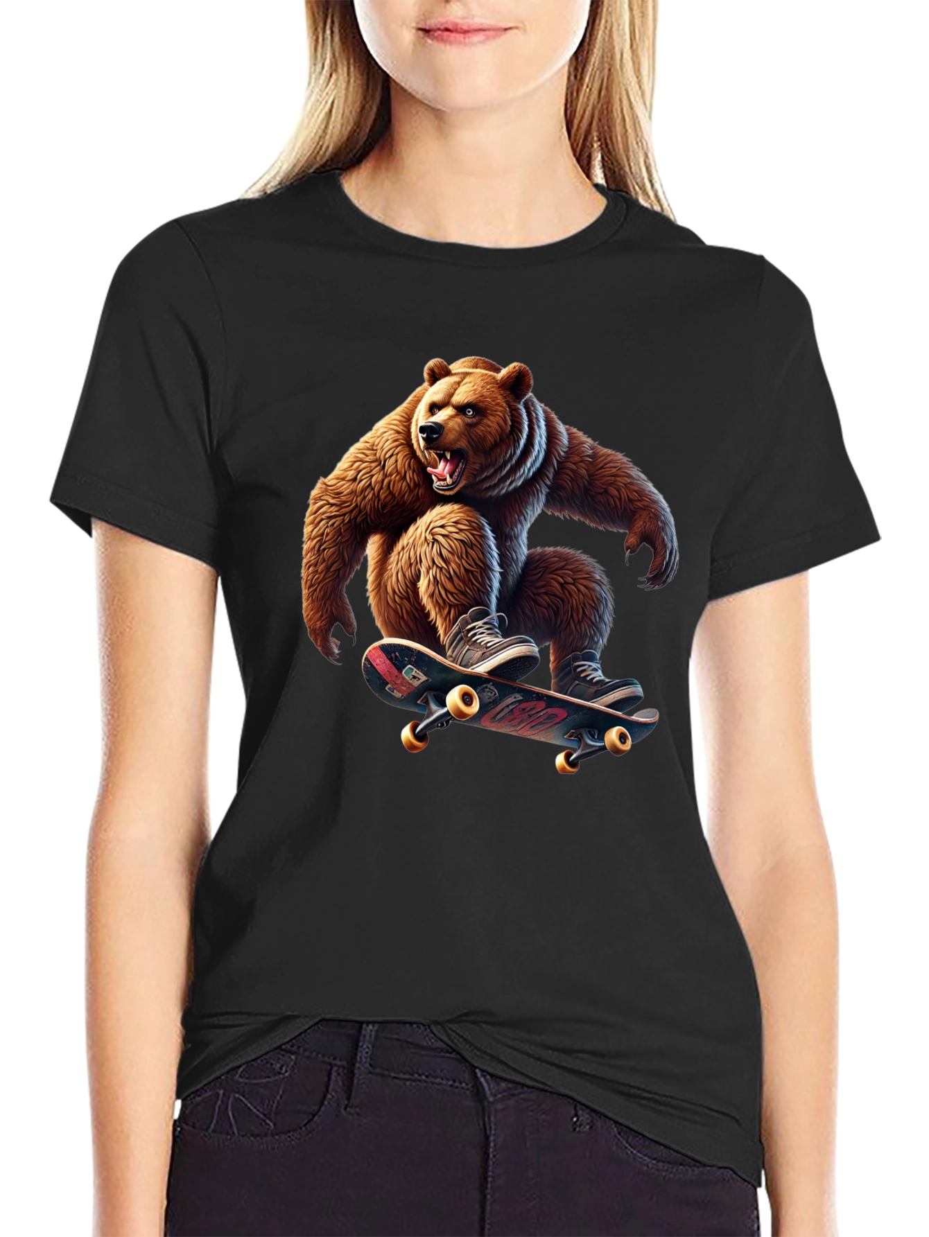 Skateboarding Bear Graphic Tee - Cool Black T-Shirt