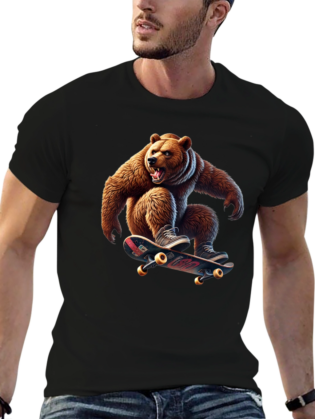 Skateboarding Bear Graphic Tee - Cool Black T-Shirt