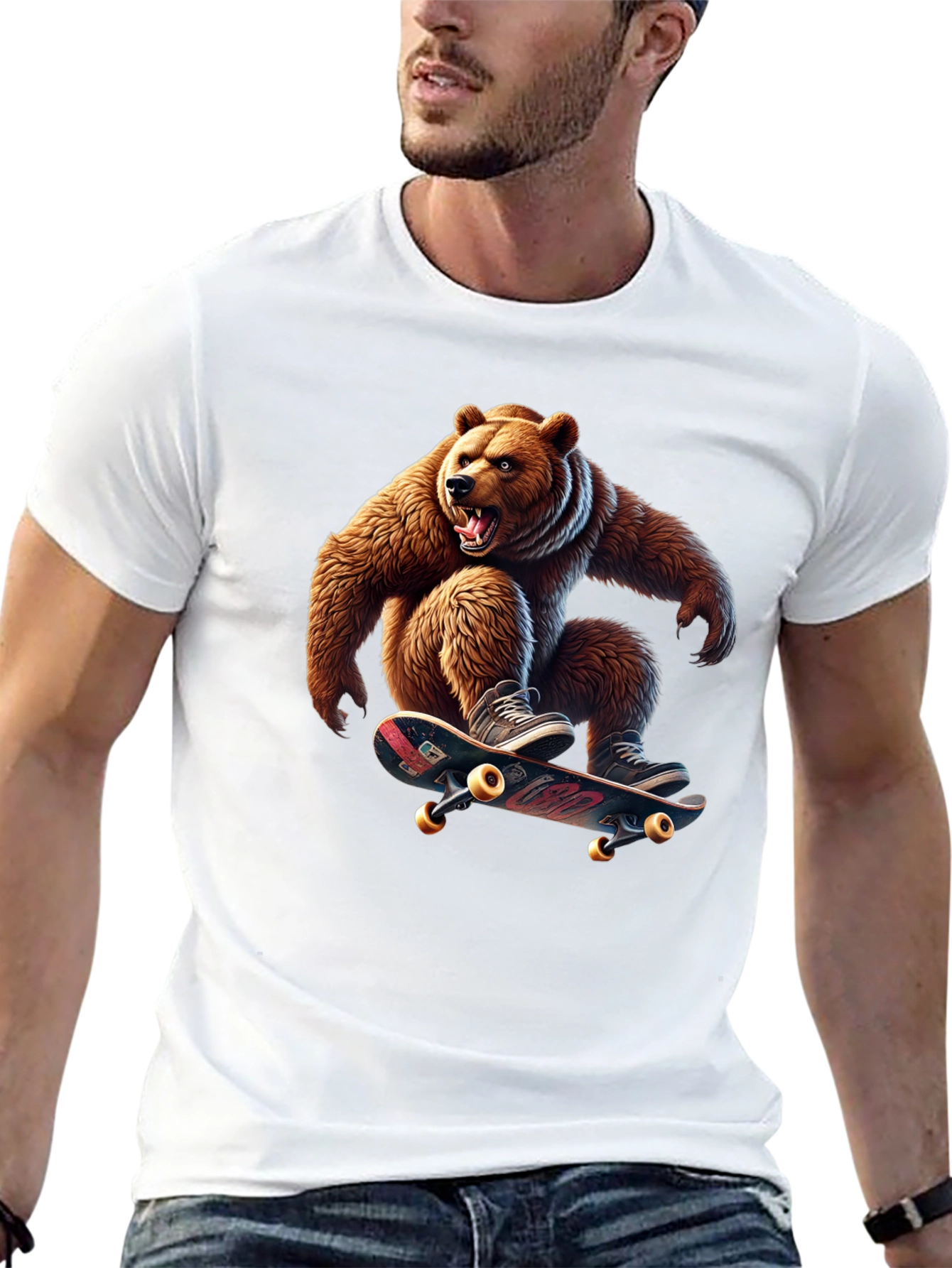 Skateboarding Bear Graphic Tee - Cool Black T-Shirt