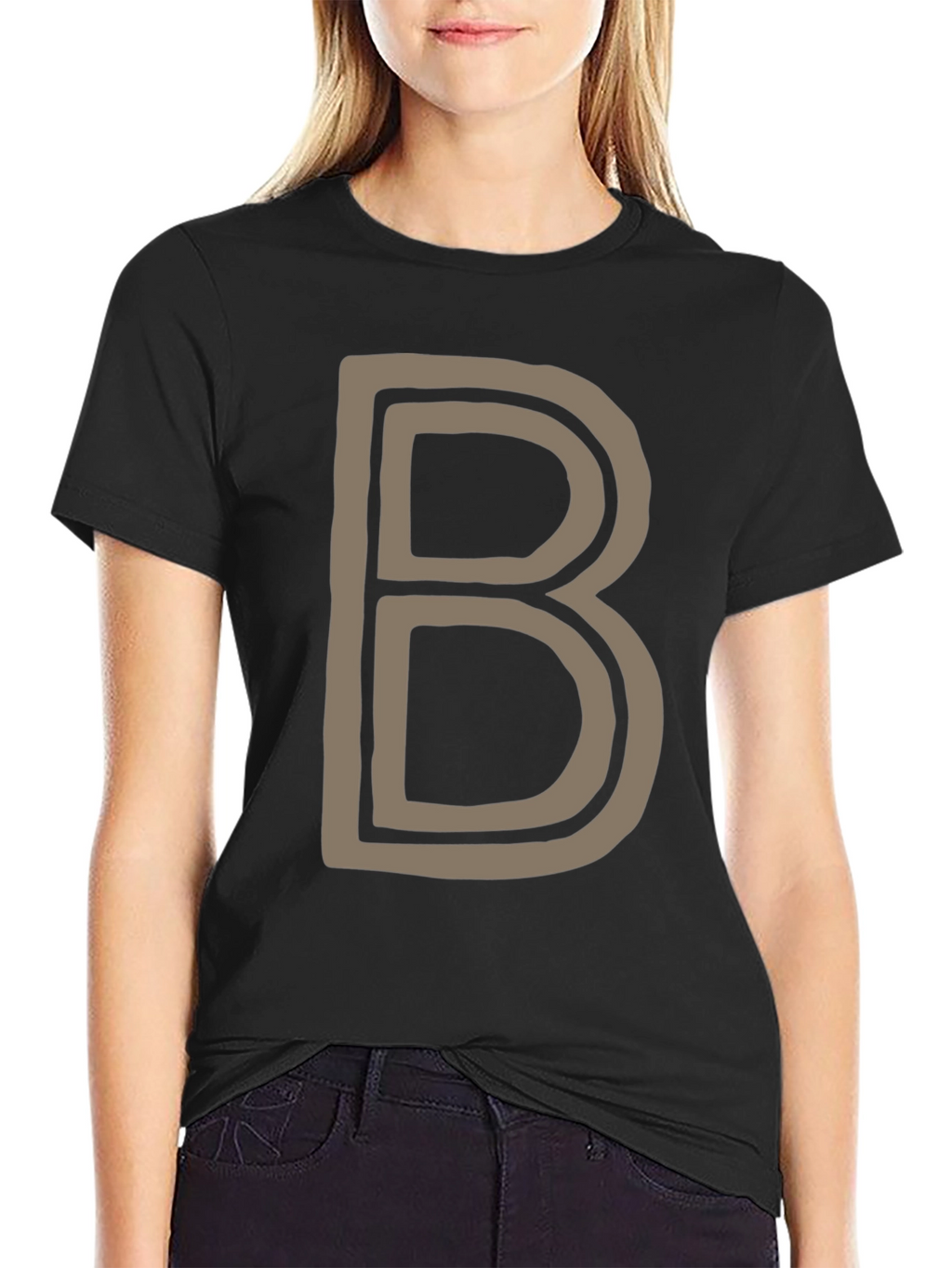 Letter B Graphic Tee - Black Cotton Casual Shirt