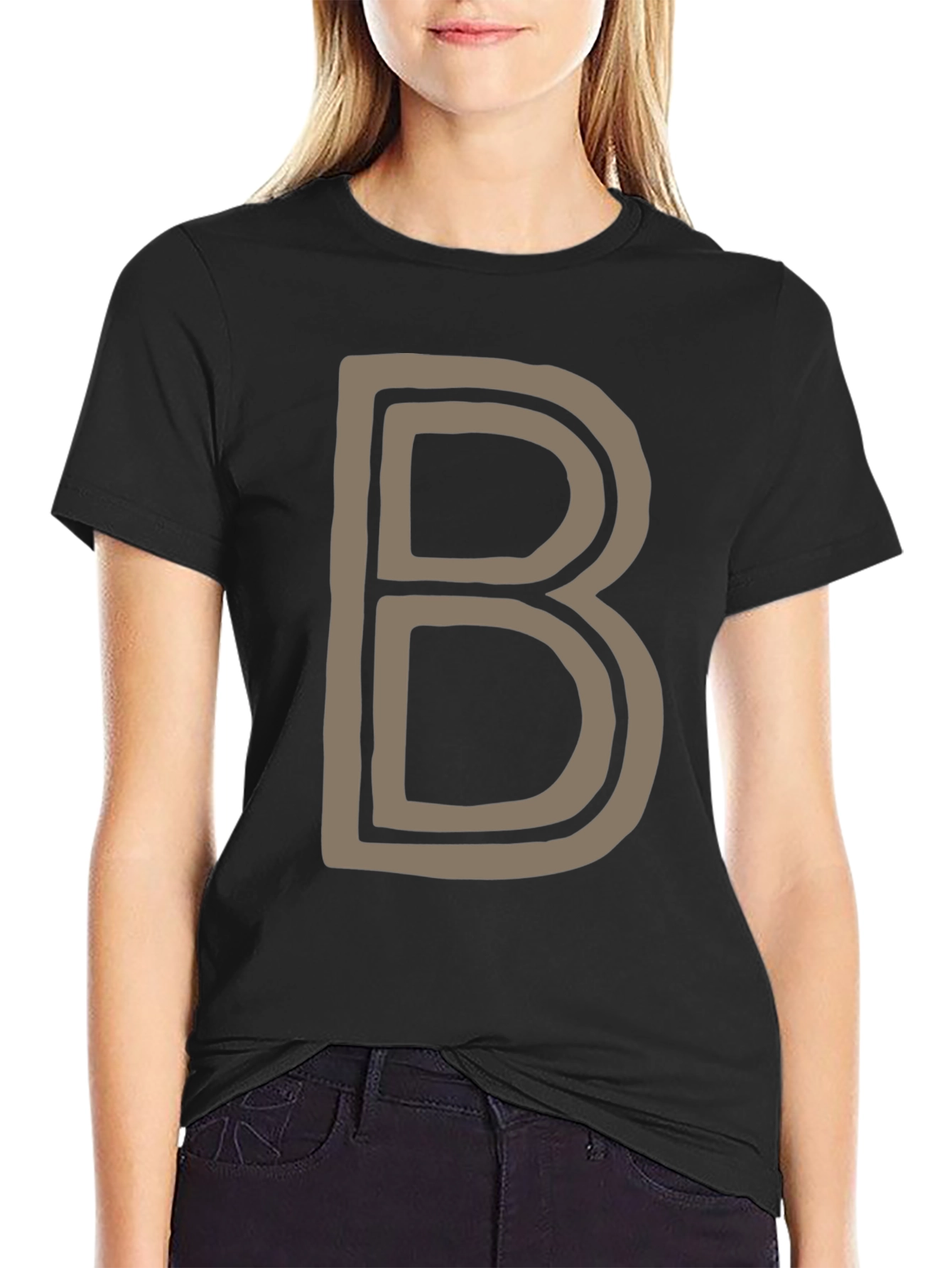 Letter B Graphic Tee - Black Cotton Casual Shirt