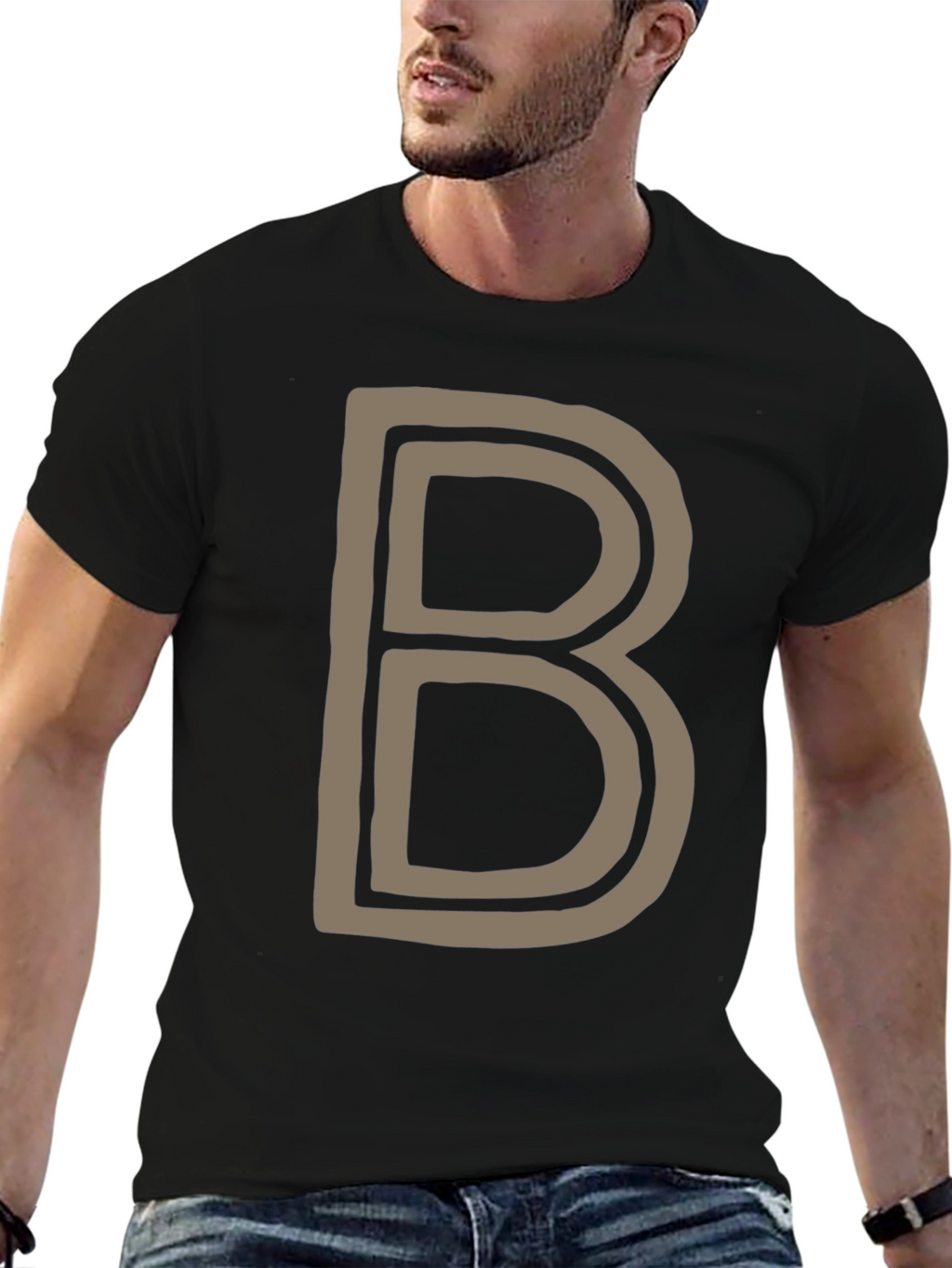 Letter B Graphic Tee - Black Cotton Casual Shirt