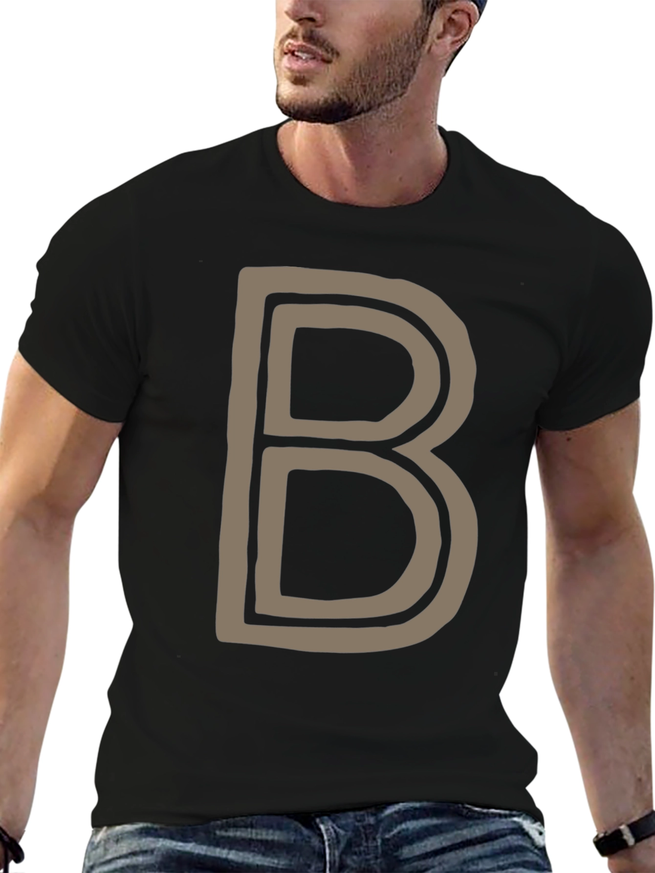 Letter B Graphic Tee - Black Cotton Casual Shirt