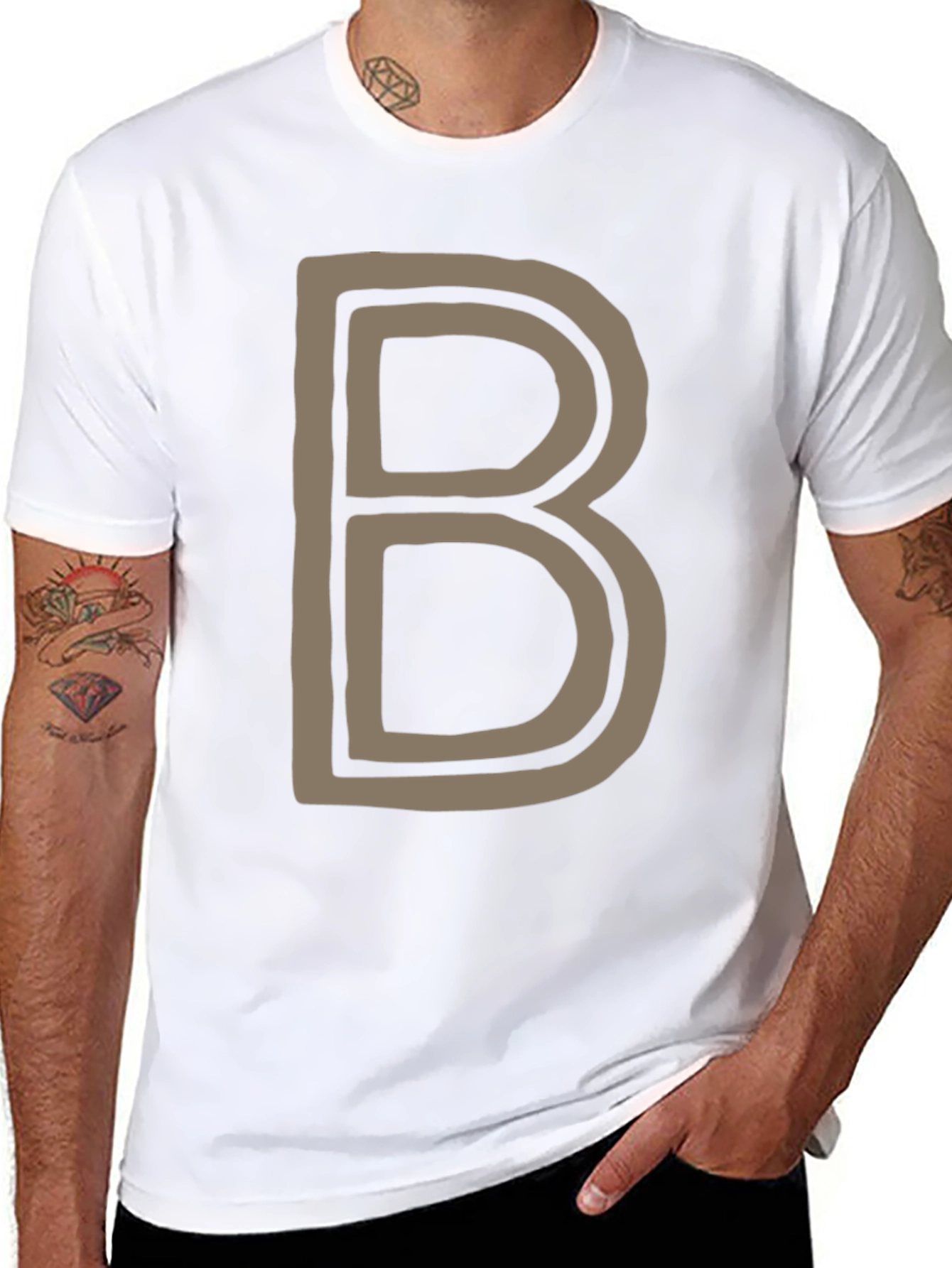 Letter B Graphic Tee - Black Cotton Casual Shirt