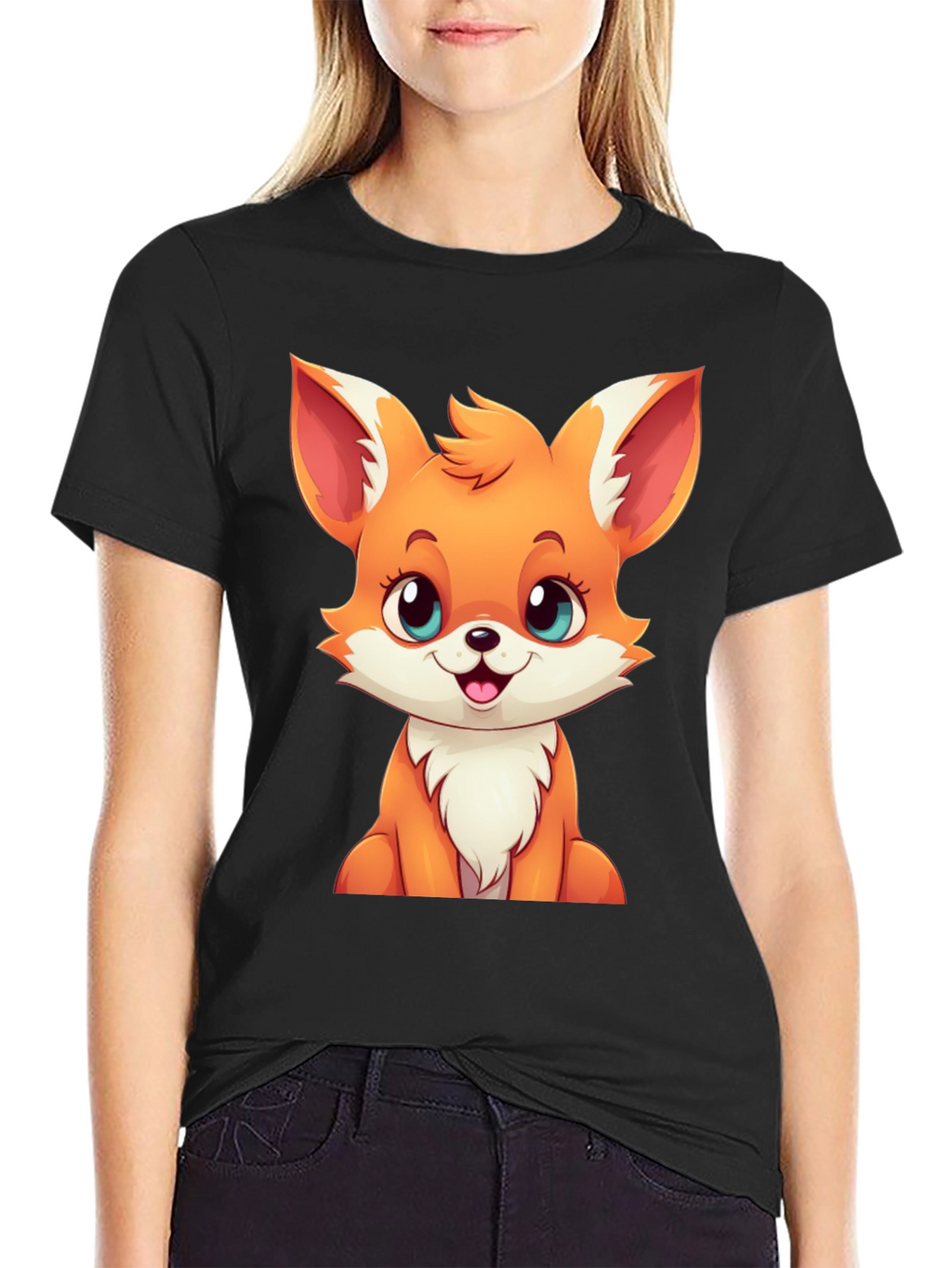 Cute Cartoon Fox Graphic Tee - Black T-Shirt