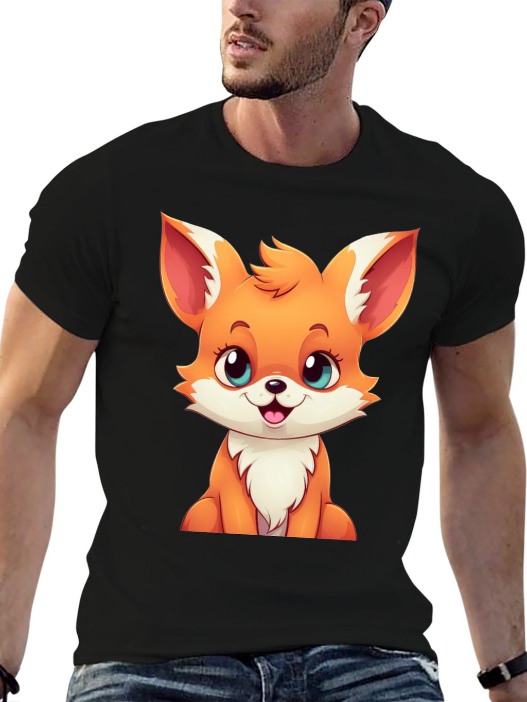 Cute Cartoon Fox Graphic Tee - Black T-Shirt