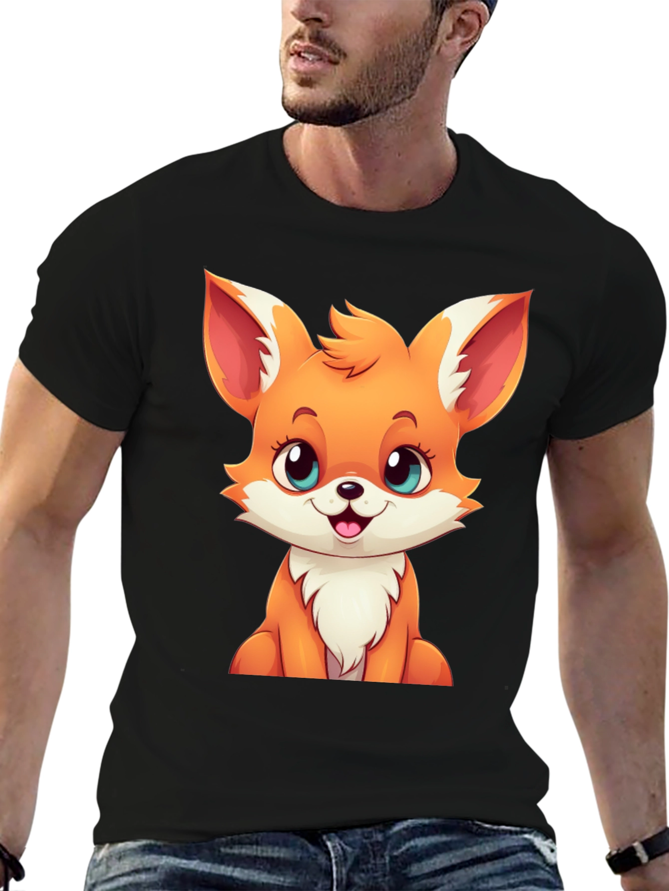 Cute Cartoon Fox Graphic Tee - Black T-Shirt