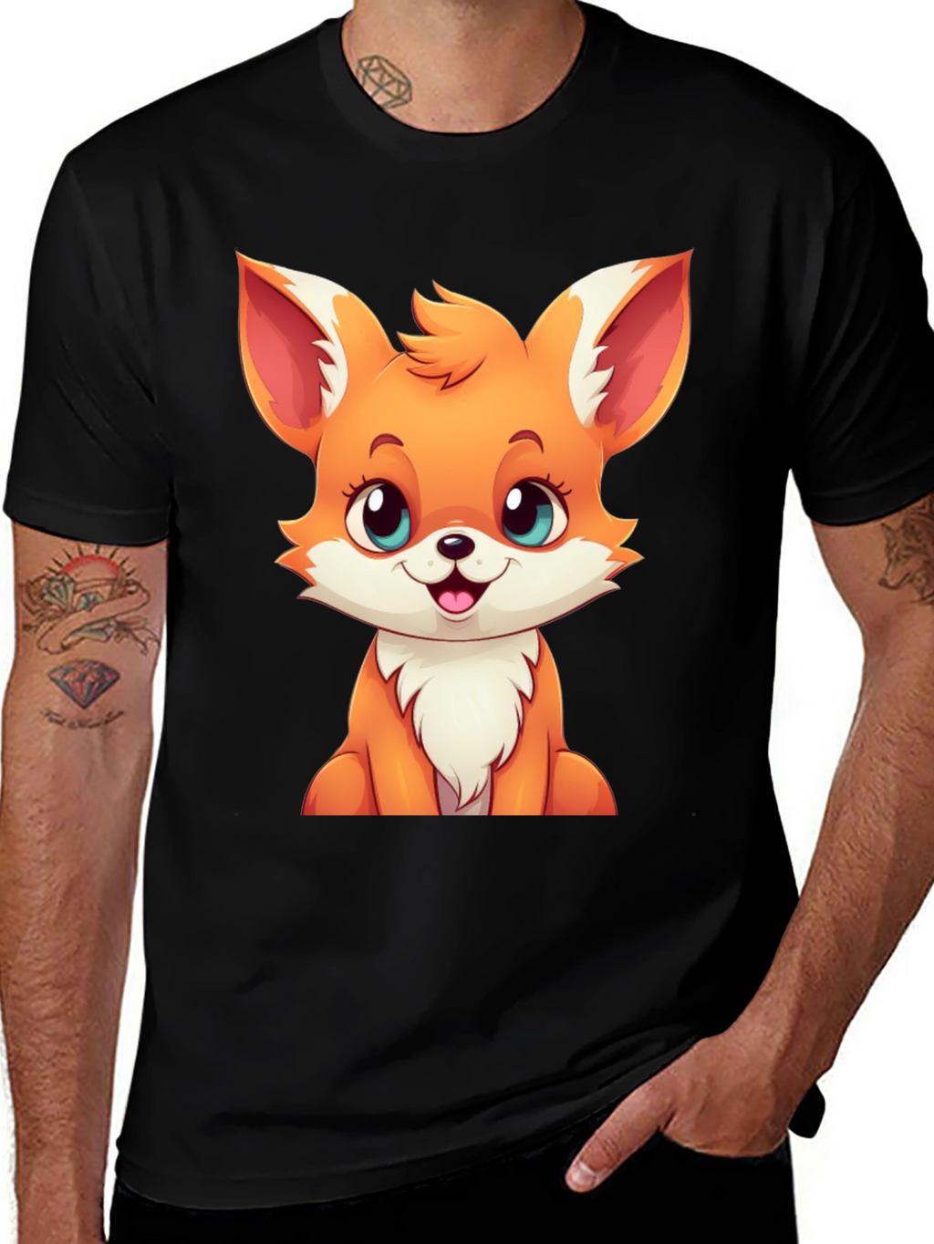 Cute Cartoon Fox Graphic Tee - Black T-Shirt
