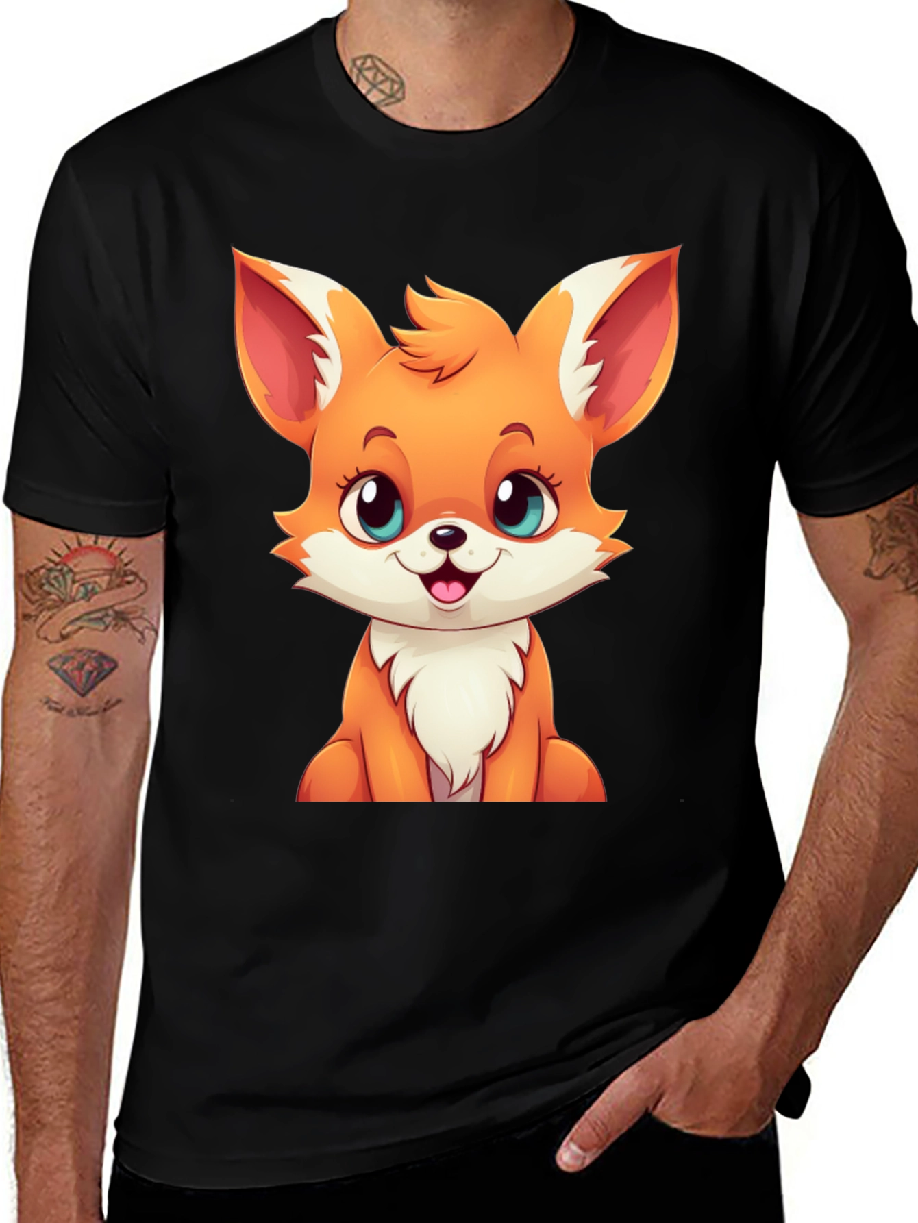 Cute Cartoon Fox Graphic Tee - Black T-Shirt