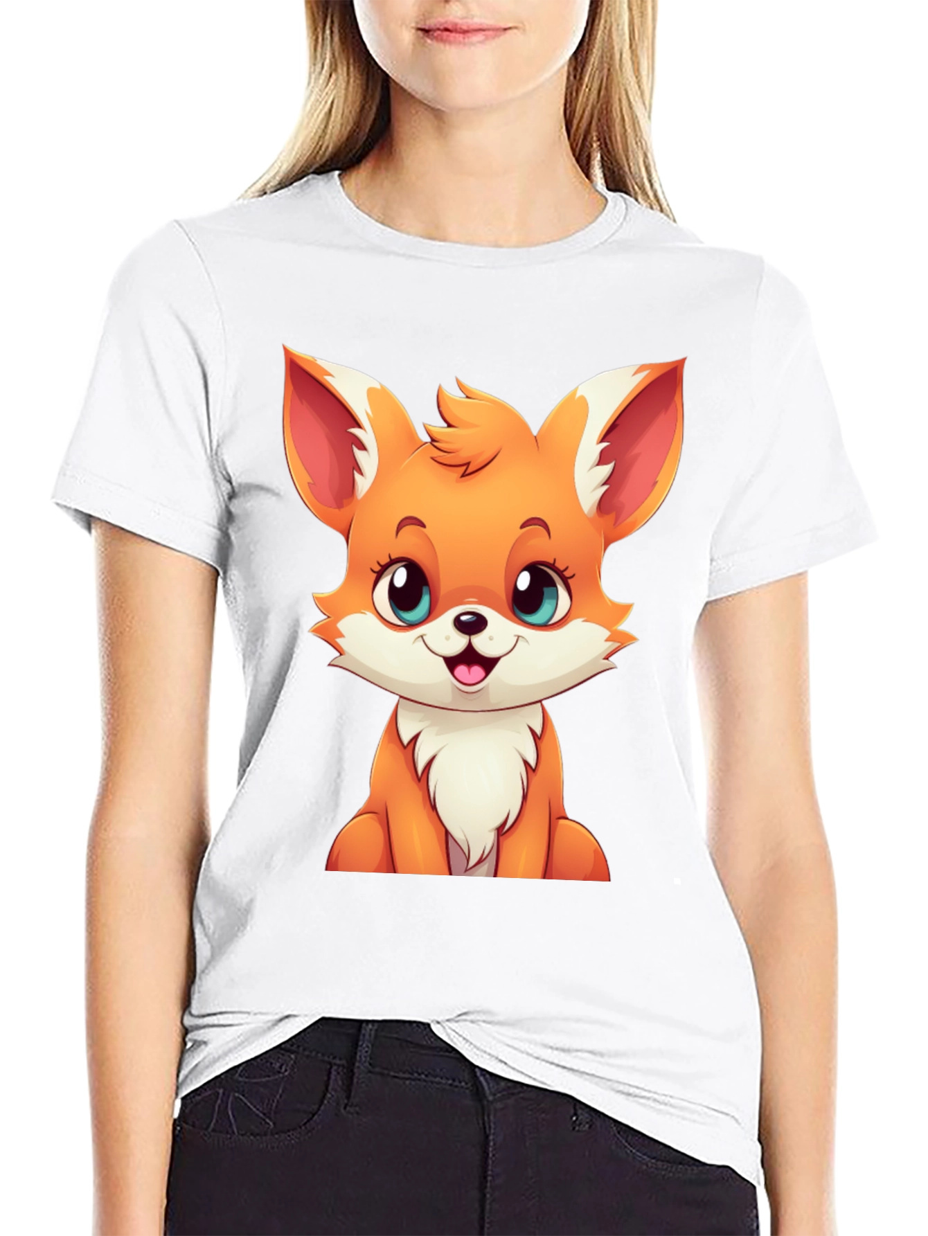 Cute Cartoon Fox Graphic Tee - Black T-Shirt