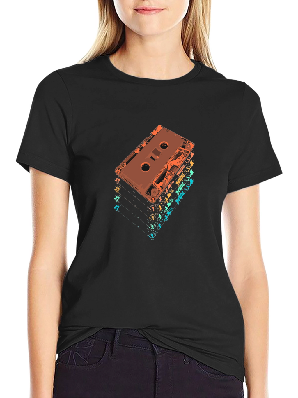 Retro Cassette Tape Stack Graphic Tee - Black
