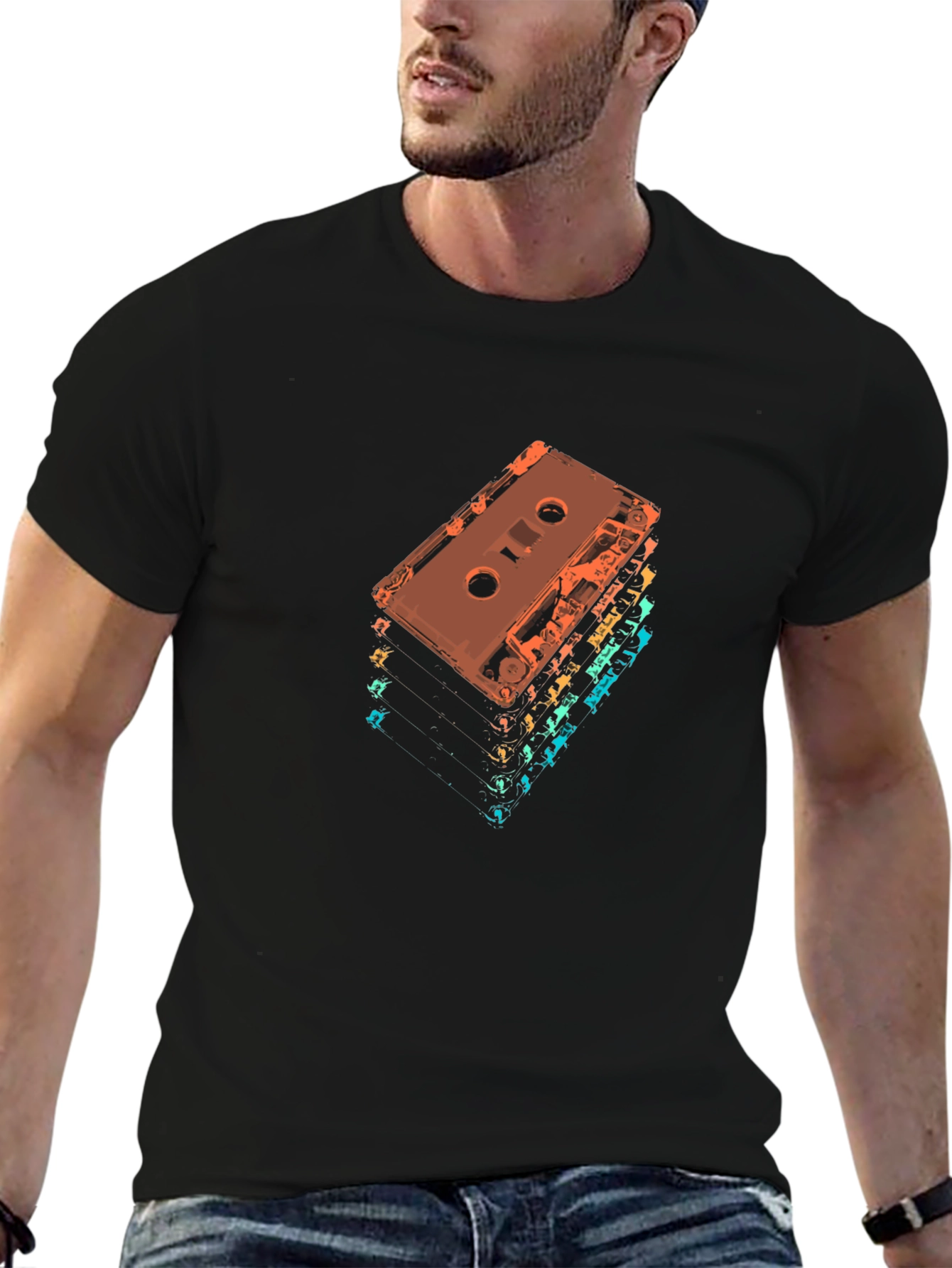 Retro Cassette Tape Stack Graphic Tee - Black
