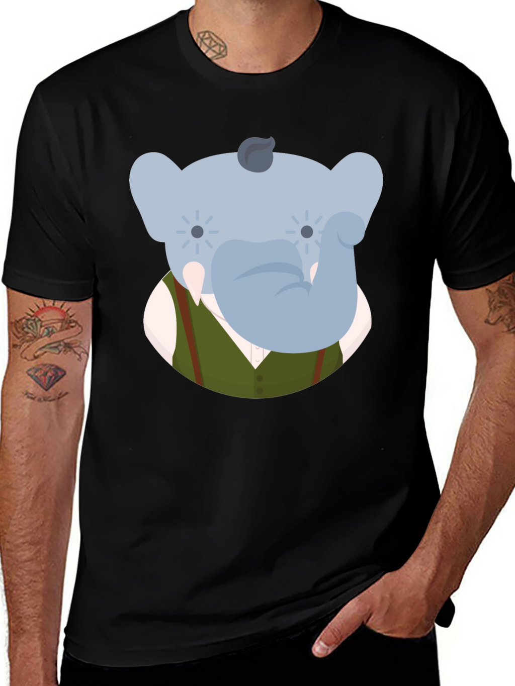 Elephant Character Graphic Print Black T-Shirt