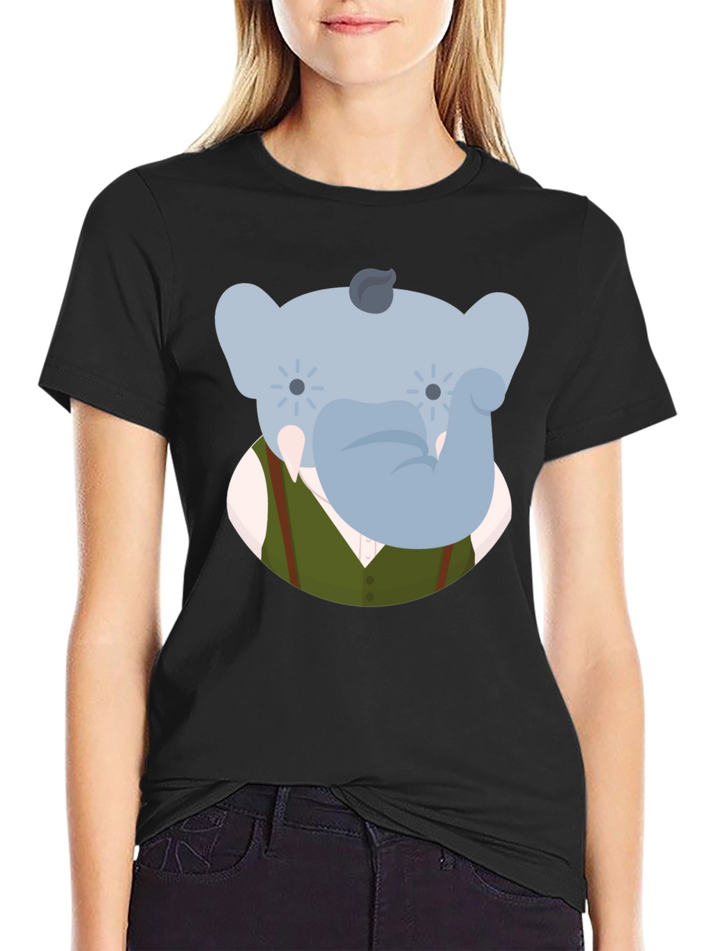 Elephant Character Graphic Print Black T-Shirt