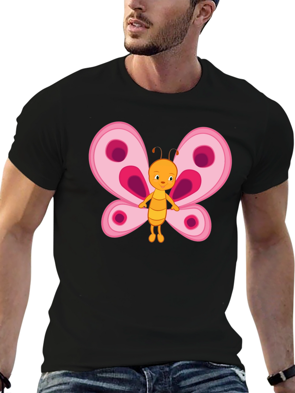 Butterfly Cartoon Black T-Shirt
